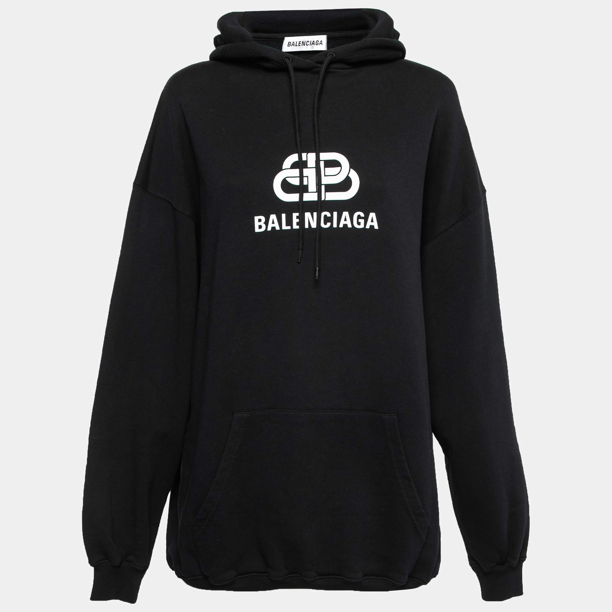Pre Owned Balenciaga Black Cotton Logo Printed Hoodie XS