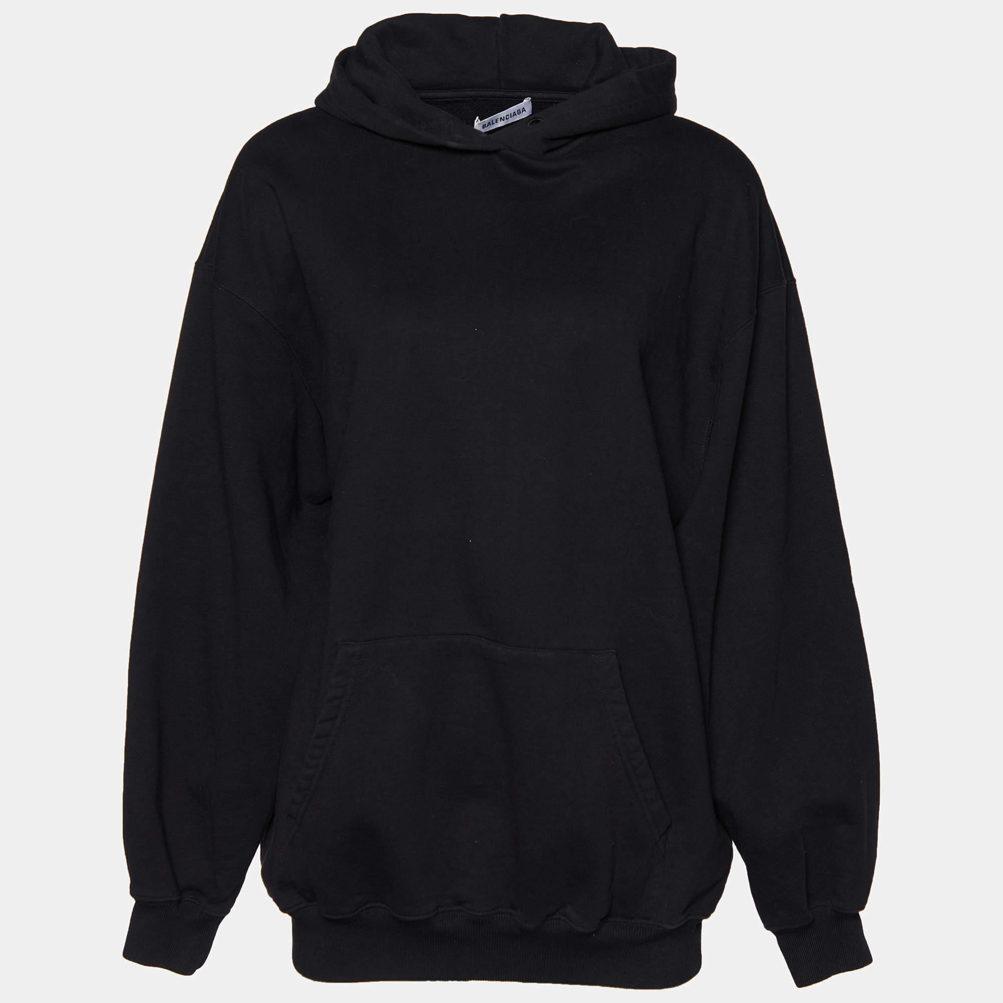 Pre Owned Balenciaga Black Cotton Knit Logo Printed Oversized Hoodie M