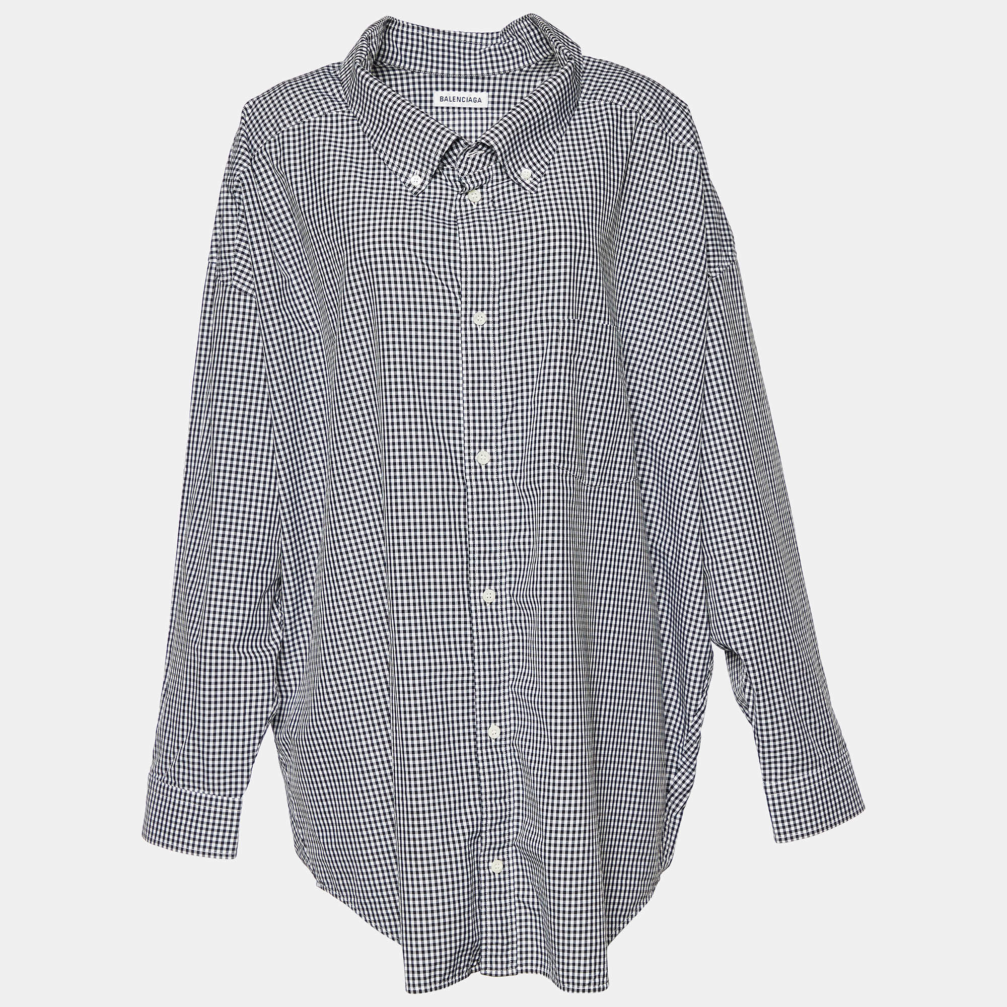 Pre Owned Balenciaga Black Checkered Cotton Logo Printed Oversized Shirt M