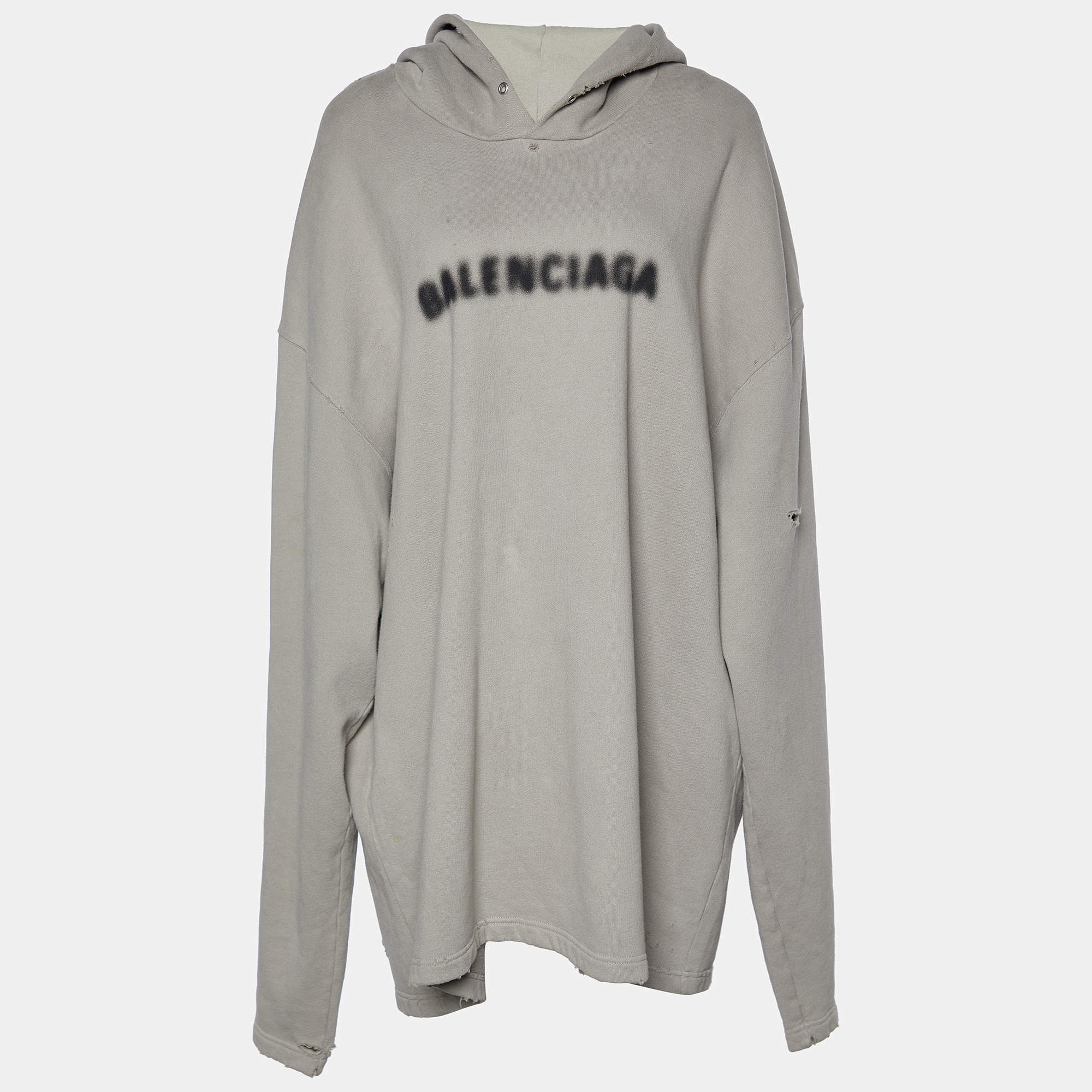 Pre Owned Balenciaga Grey Logo Printed Cotton Knit Hooded Sweatshirt XL