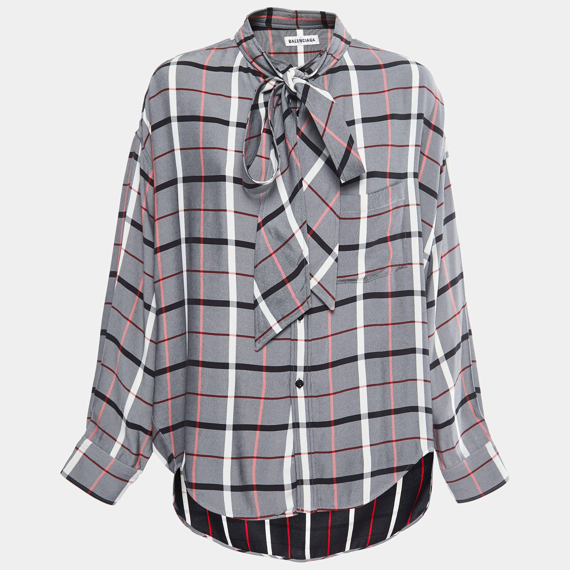 Pre Owned Balenciaga Grey Checked Crepe Oversized Tie-Neck Top S