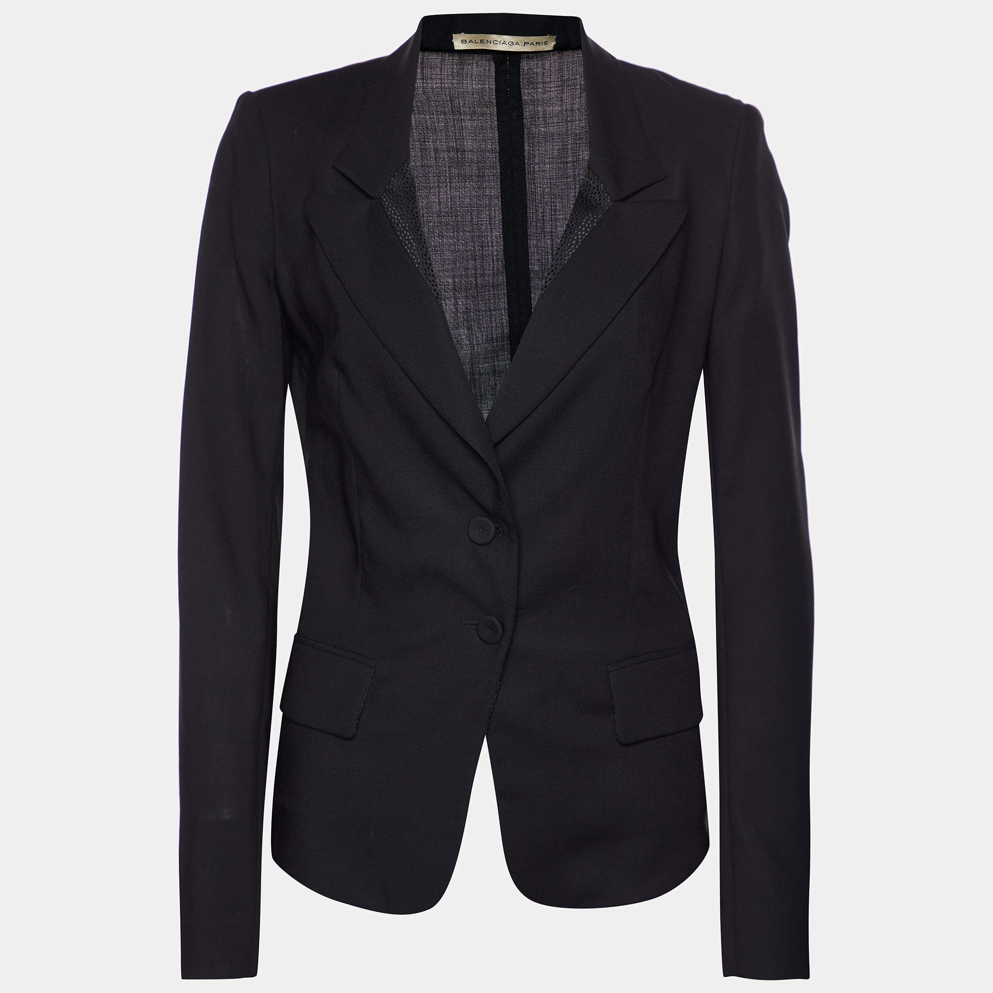 Pre Owned Balenciaga Black Wool Patterned Trim Detail Blazer M