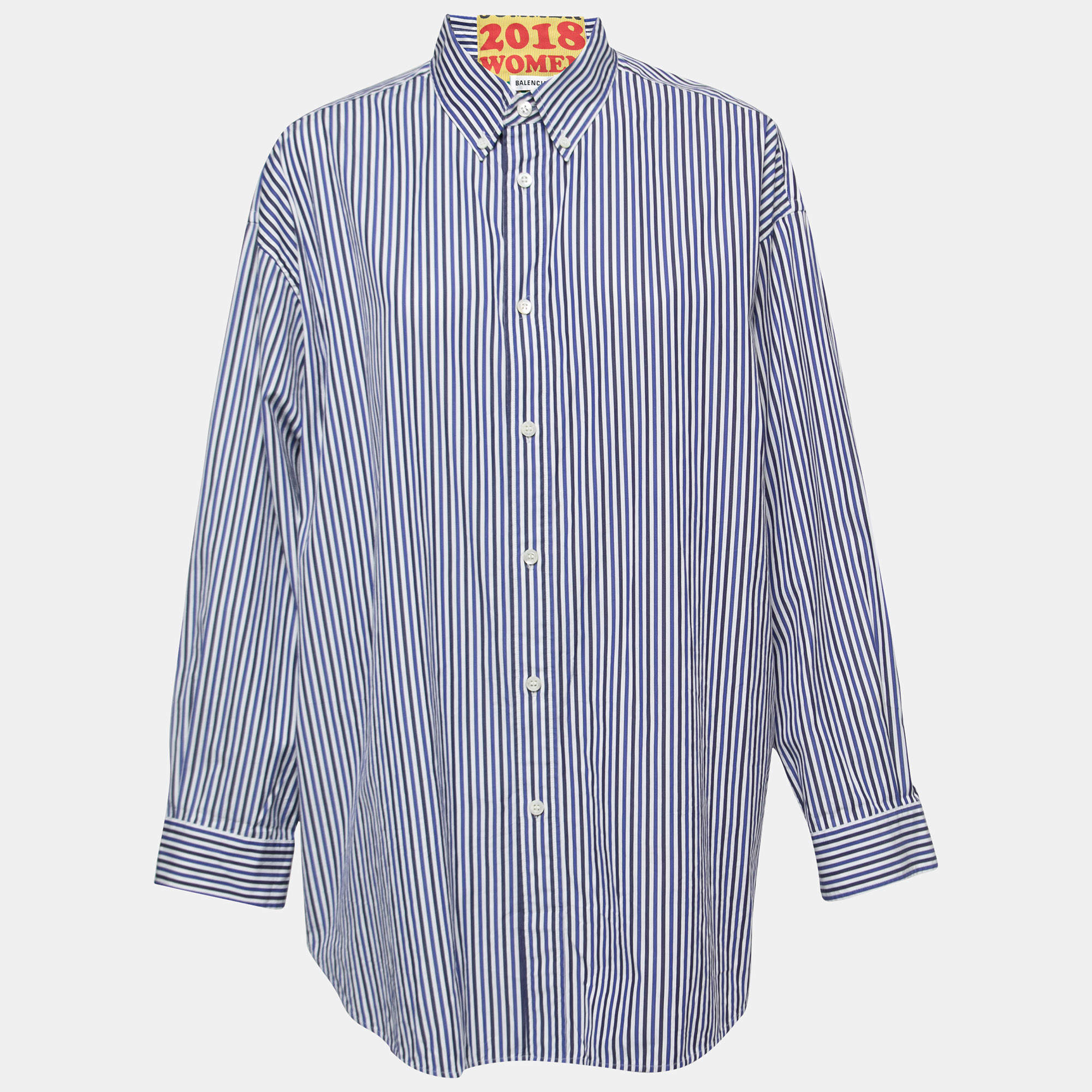 Pre Owned Balenciaga Blue Striped Cotton Oversized Spring Tag Shirt M
