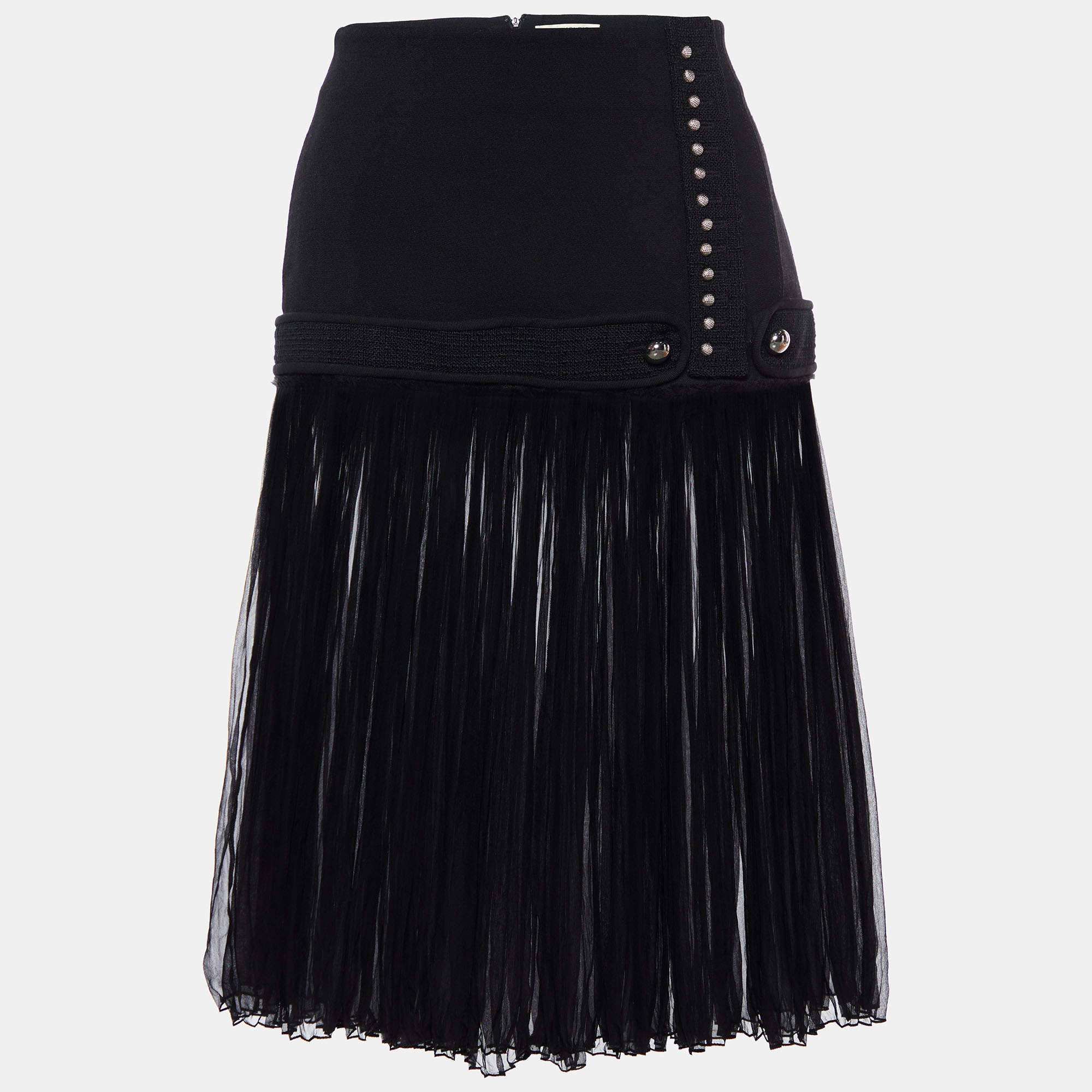 Pre Owned Balenciaga Black Wool & Chiffon Silk Midi Skirt M