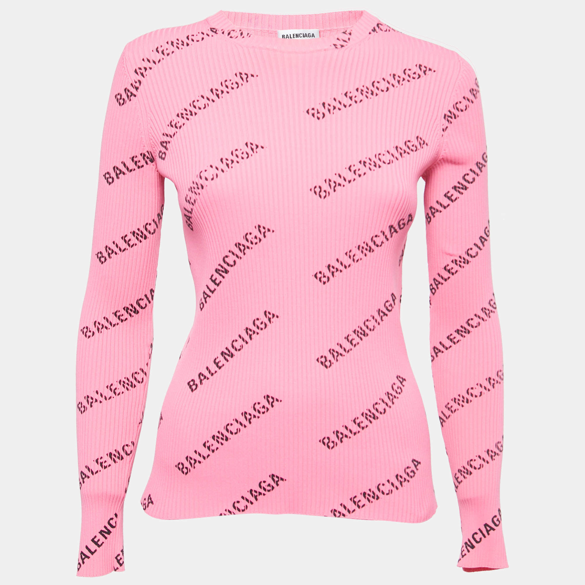 Balenciaga Pink Logo Print Rib Knit Jumper M Balenciaga TLC