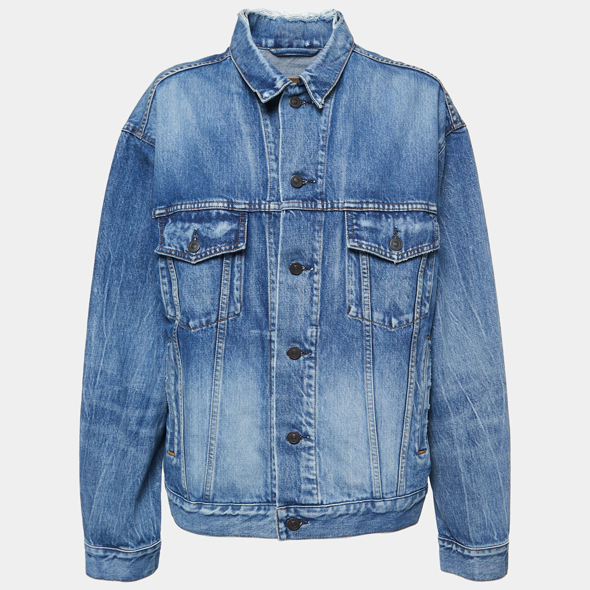 Pre Owned Balenciaga Blue Denim Logo Print Jacket S