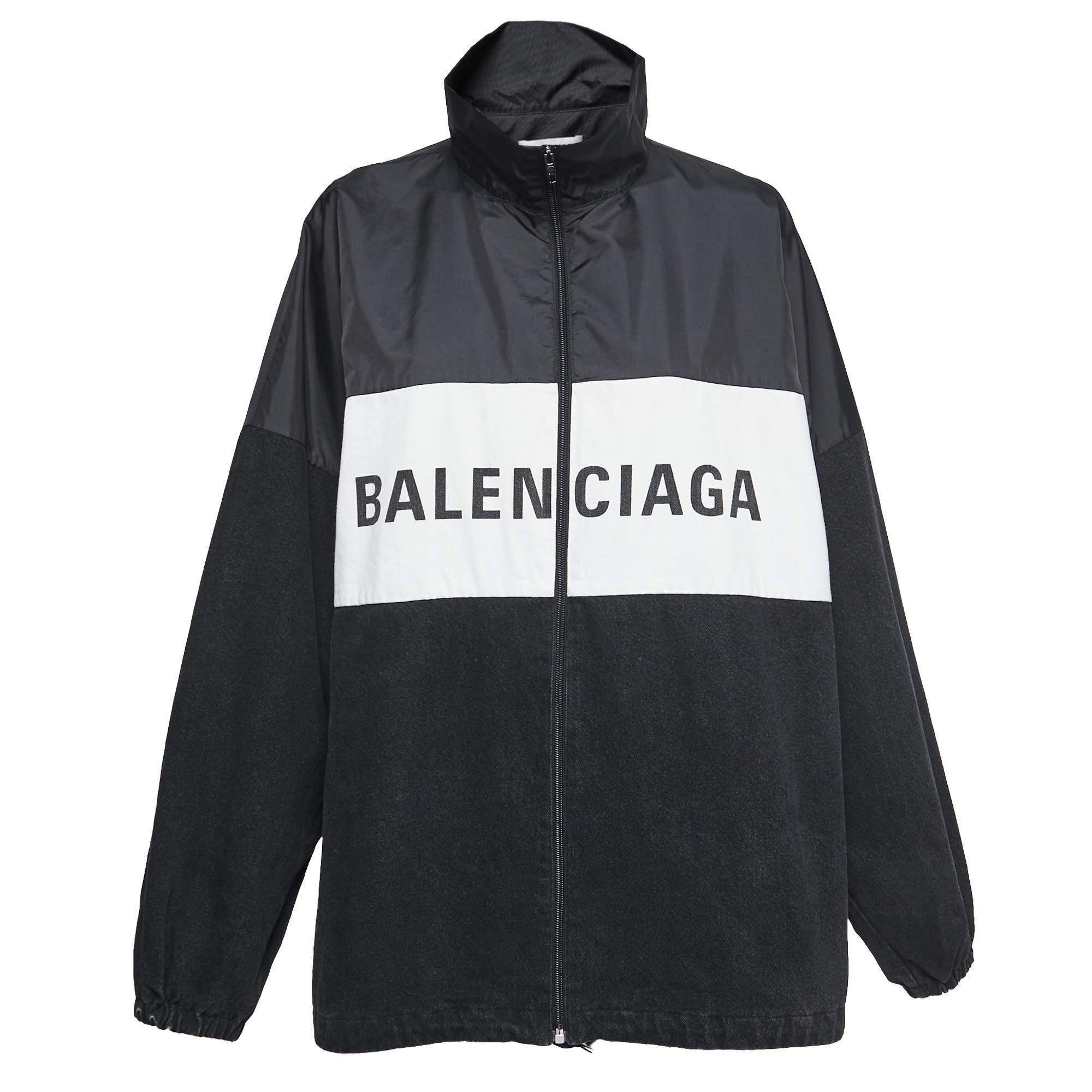 Pre Owned Balenciaga Black Nylon & Denim Logo Print Oversized Jacket M