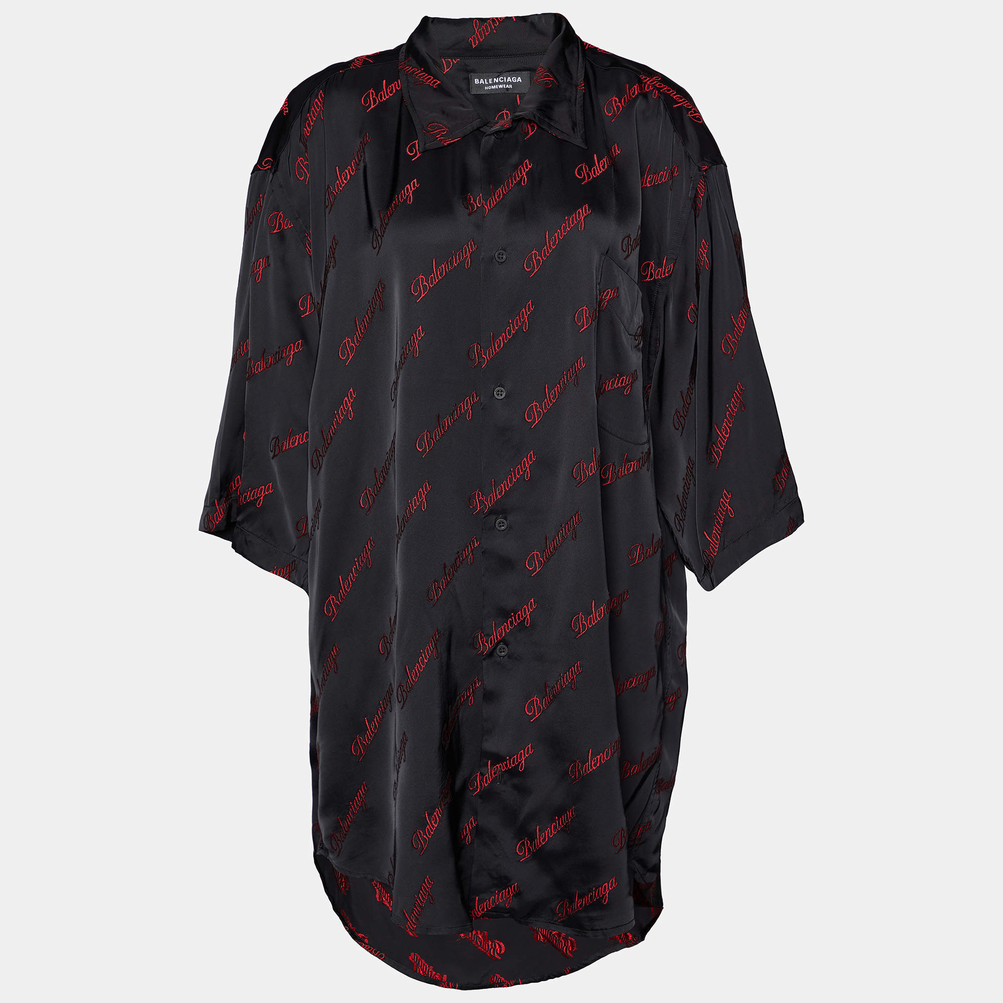 Pre Owned Balenciaga Black Logo Script Fil Coupe Satin Oversized Shirt M