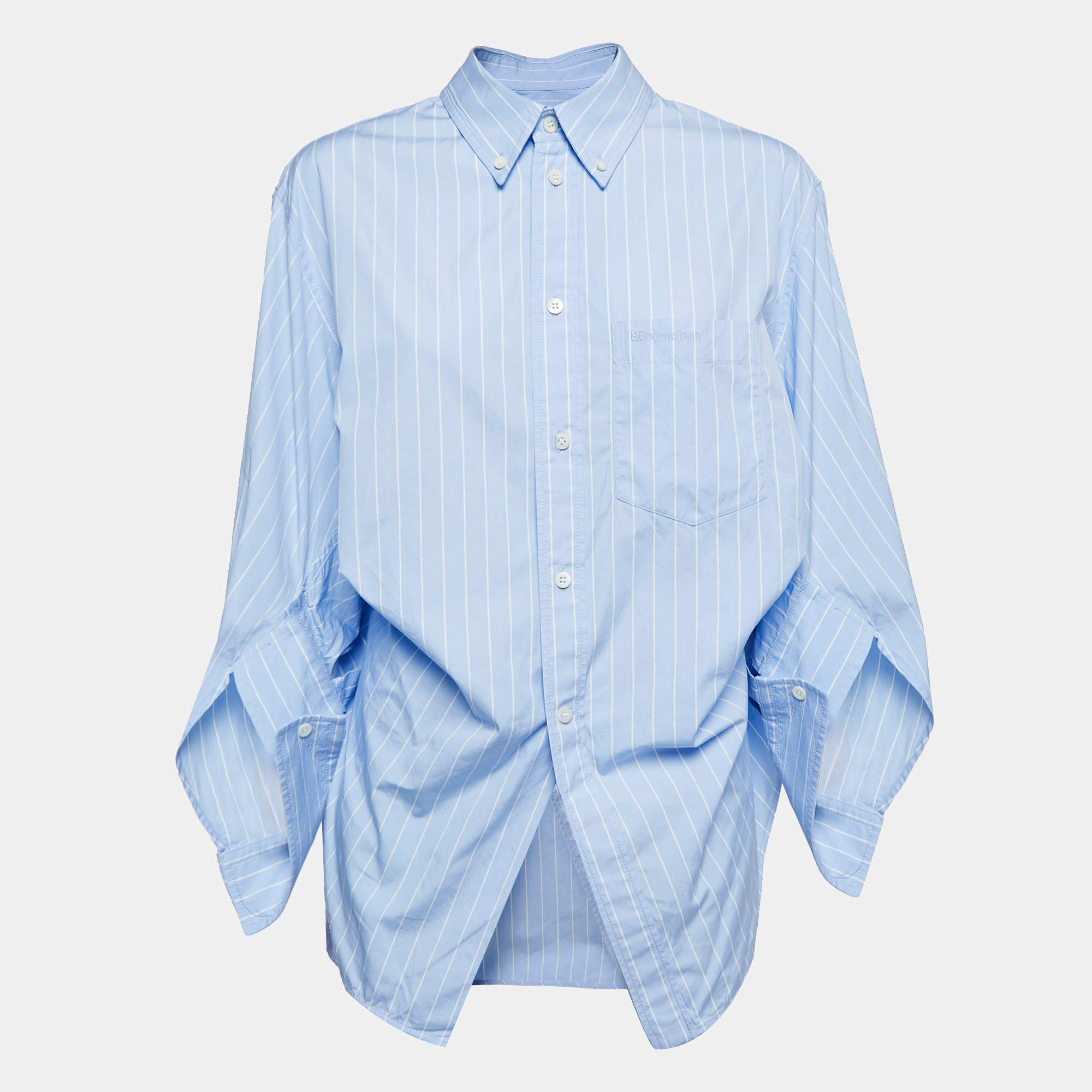 Balenciaga Blue Striped Cotton Oversize Fit Long Sleeve Shirt S