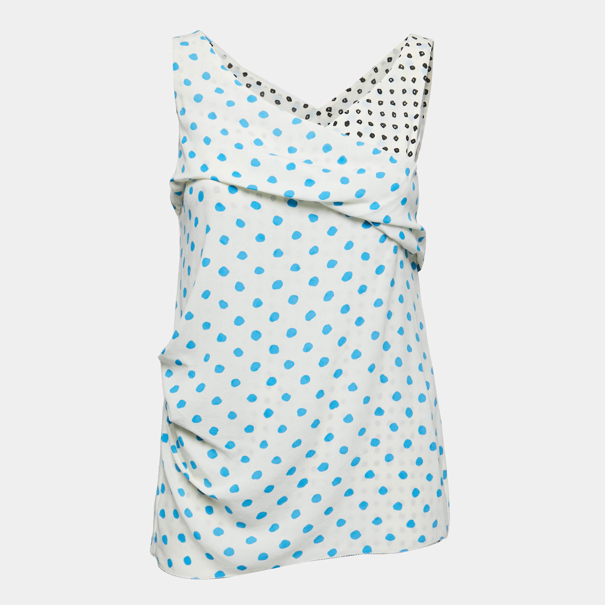 Pre Owned Balenciaga Off White Polka Dotted Crepe Sleeveless Ruched Top M