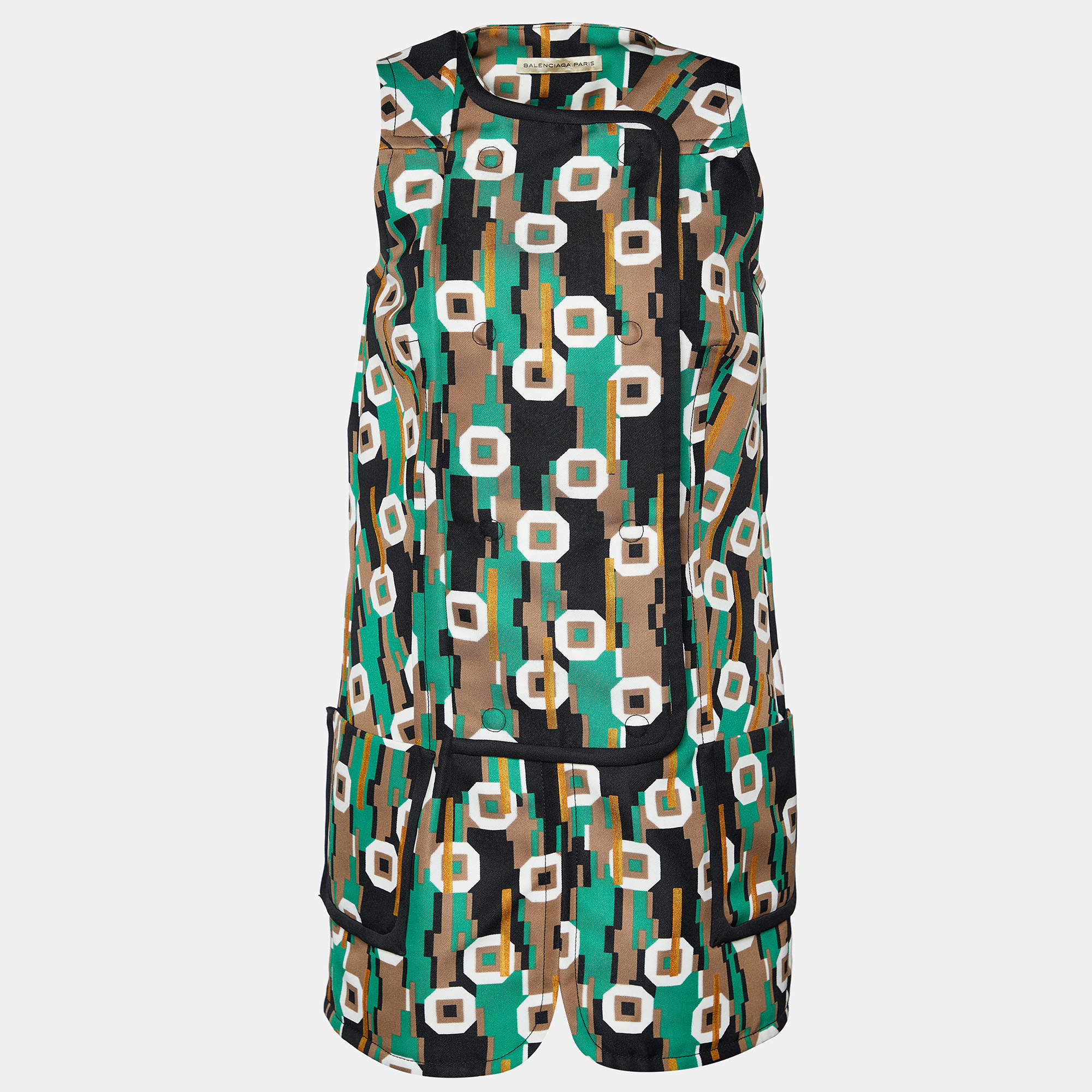 Pre Owned Balenciaga Multicolor Printed Denim Sleeveless Mini Dress M