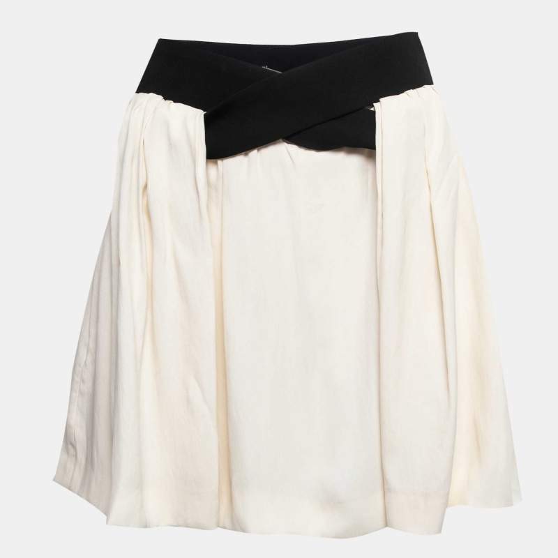 Balenciaga Cream/Black Rayon Blend Pleated Mini Skirt S