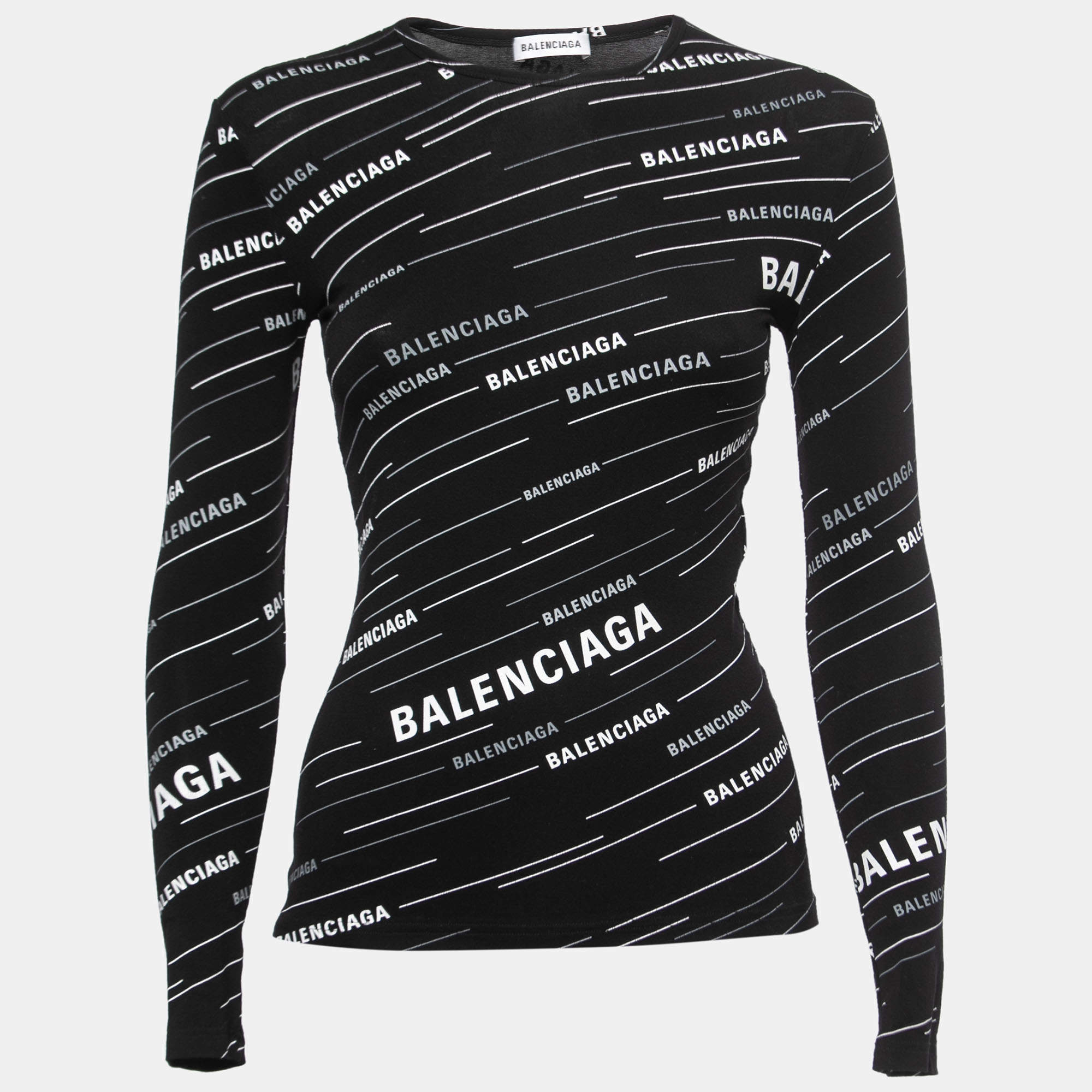 Pre Owned Balenciaga Black Logo Printed Stretch Knit Full Sleeve T-Shirt S