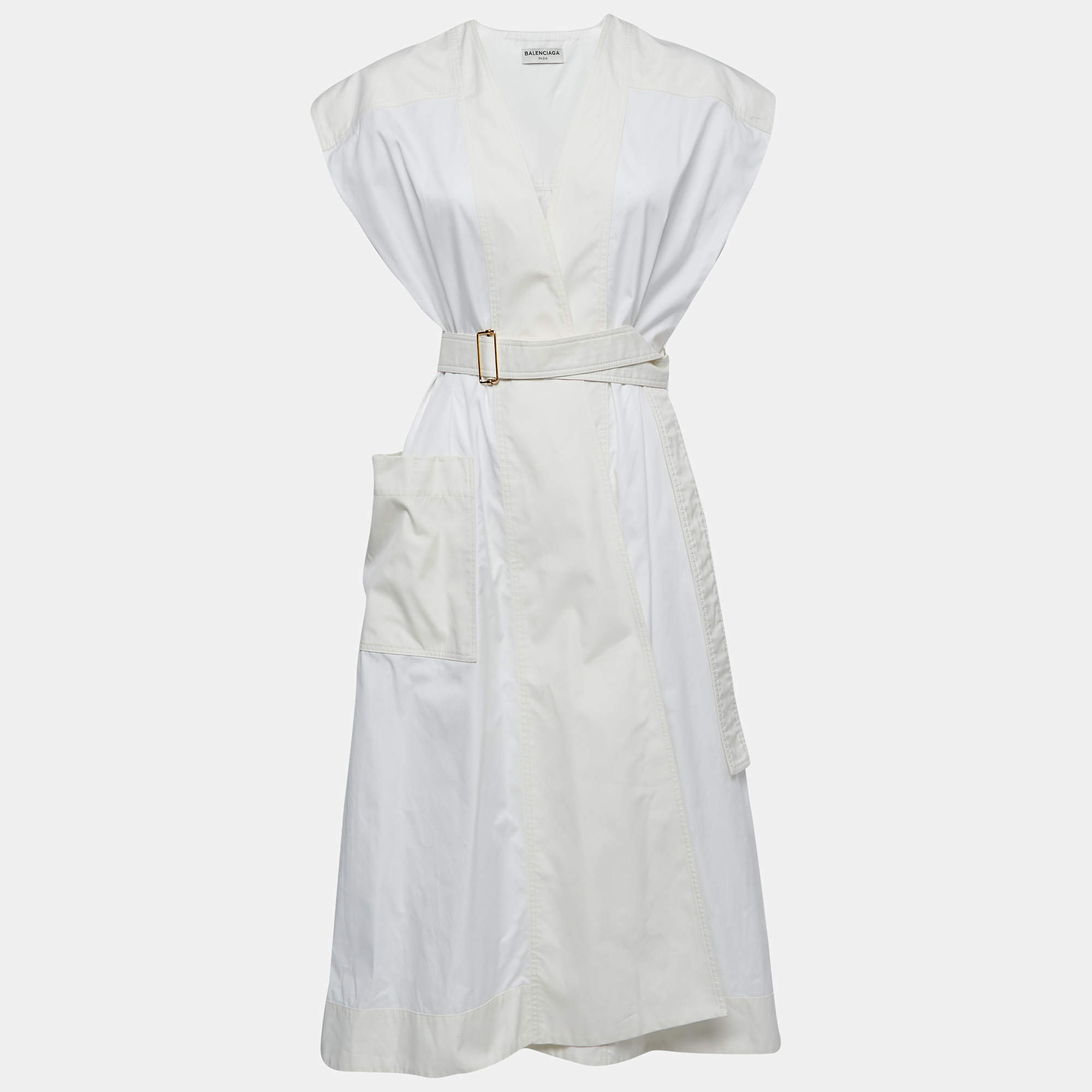 Pre Owned Balenciaga White/Beige Cotton Button Front Belted Sleeveless Midi Dress M