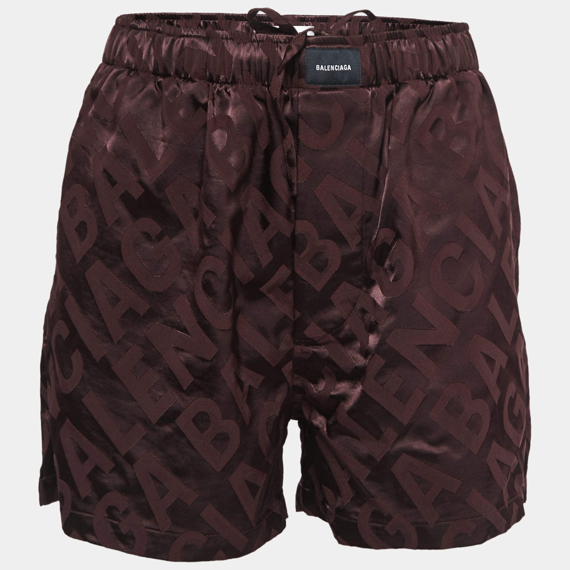 Balenciaga Brown All-Over Logo Patterned Satin Elasticized Waist Shorts S 