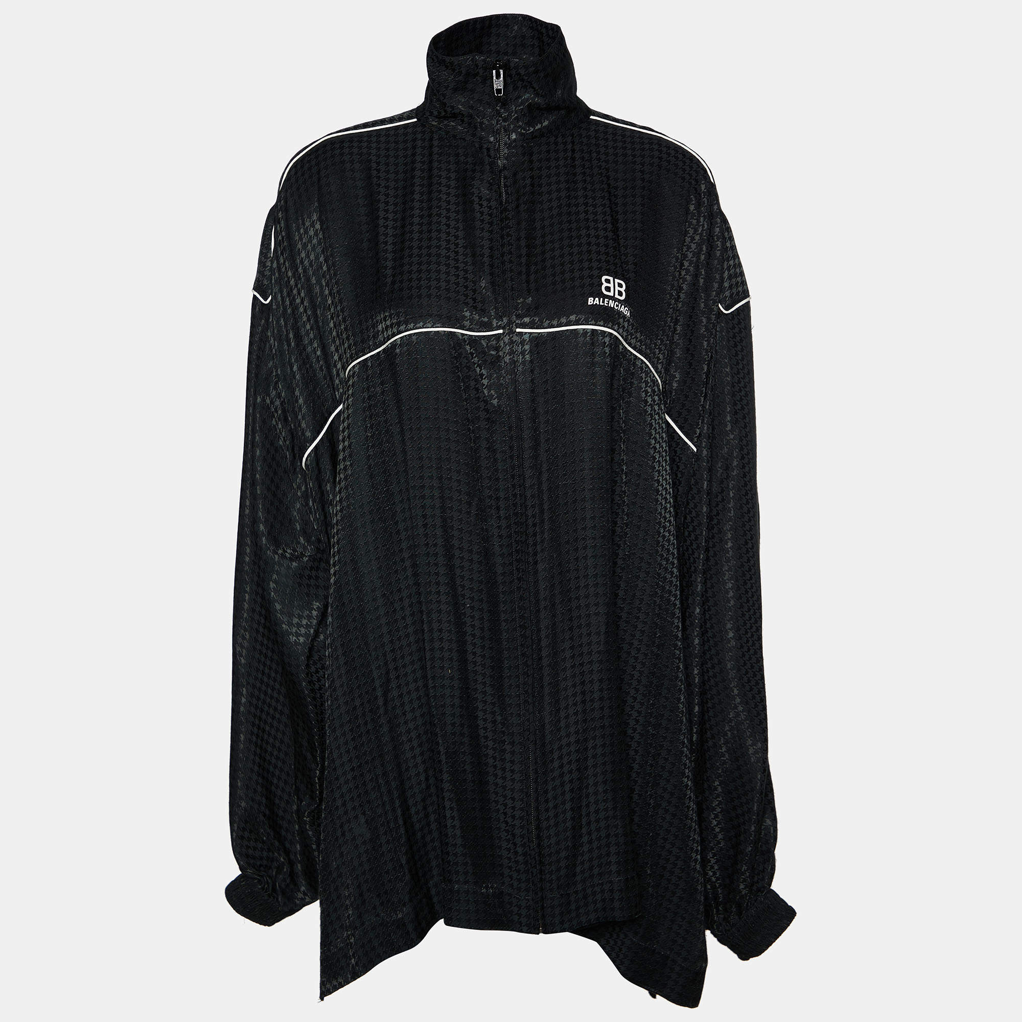 Balenciaga Black Houndstooth Pattern Satin Zip Front Oversized Long Jacket S