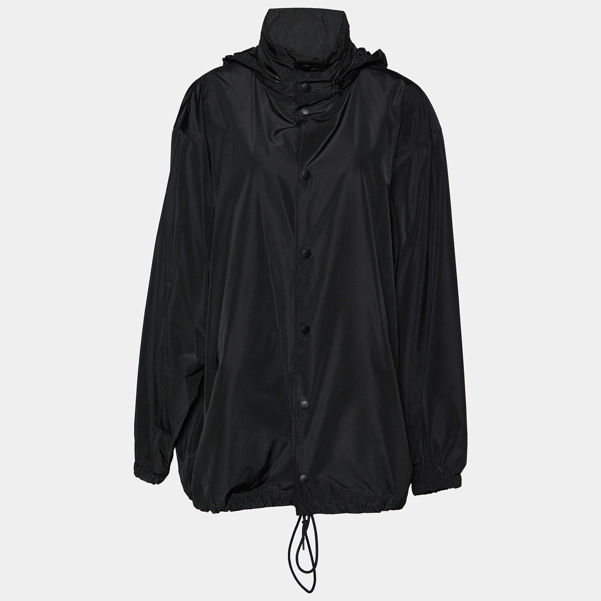 مملوكة مسبقًا Balenciaga Black Synthetic Button Front Hooded Oversized Jacket M