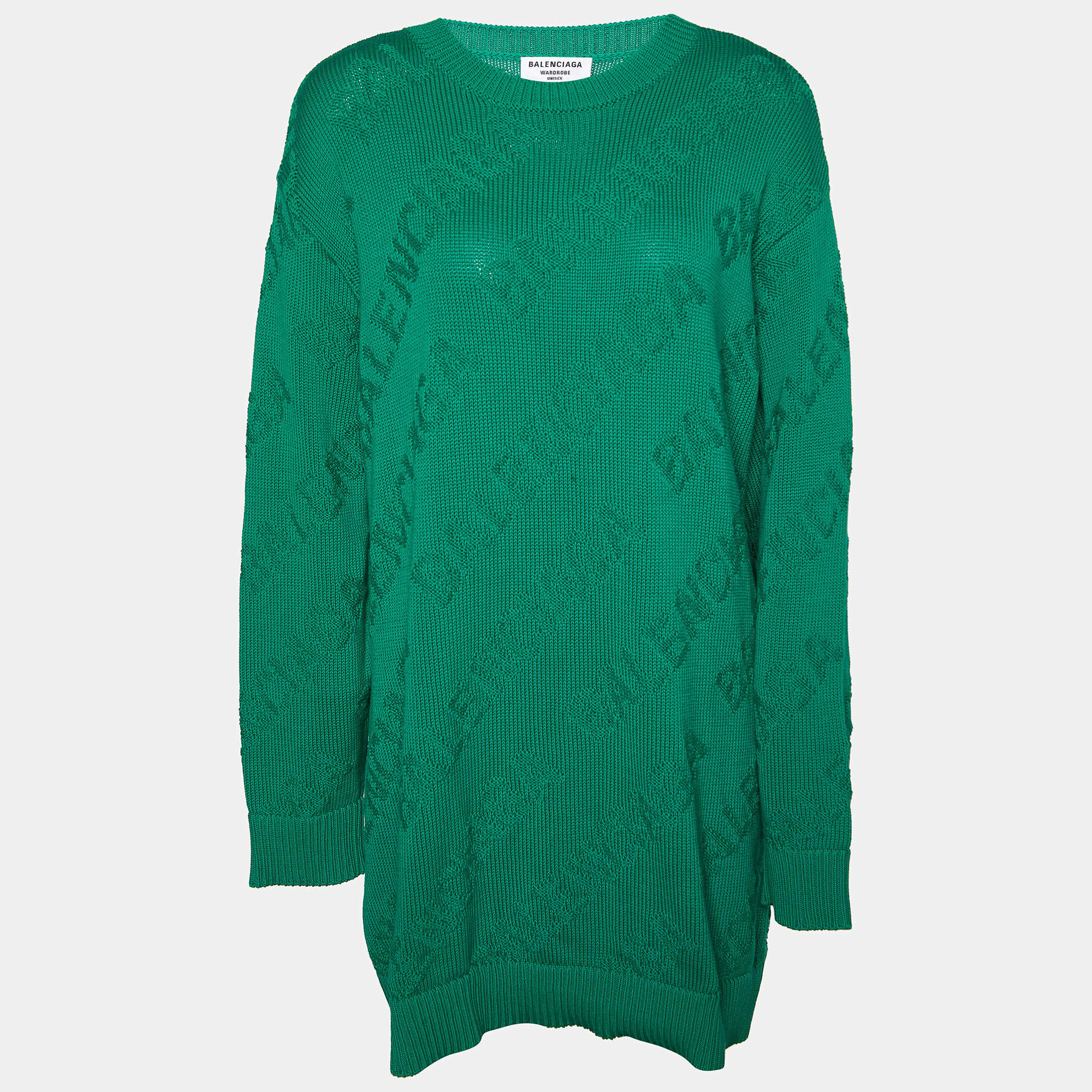 Balenciaga Green Logo Intarsia Knit Wool Oversized Sweater M