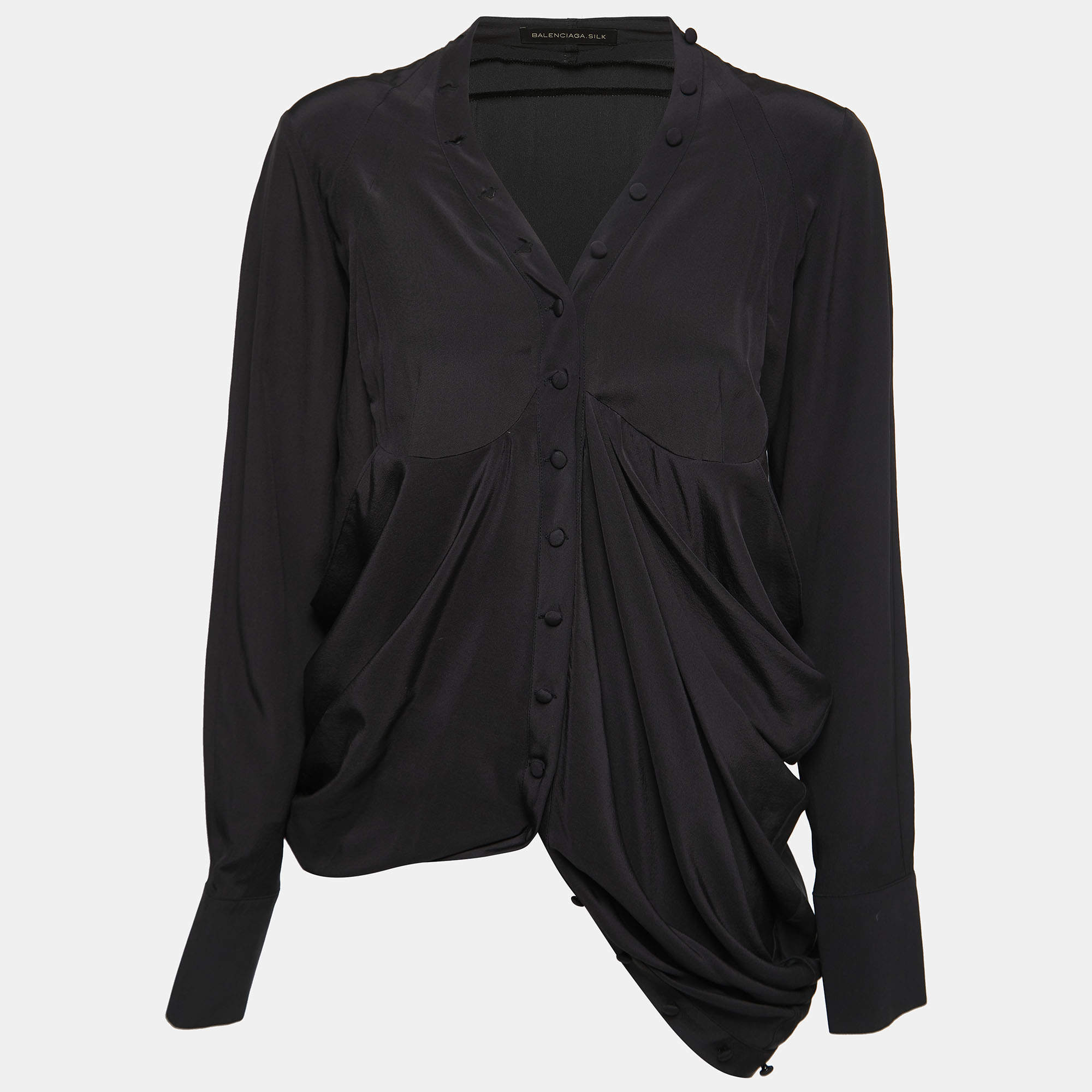 Pre Owned Balenciaga.Silk Black Silk Button Front Draped Long Sleeve Blouse L