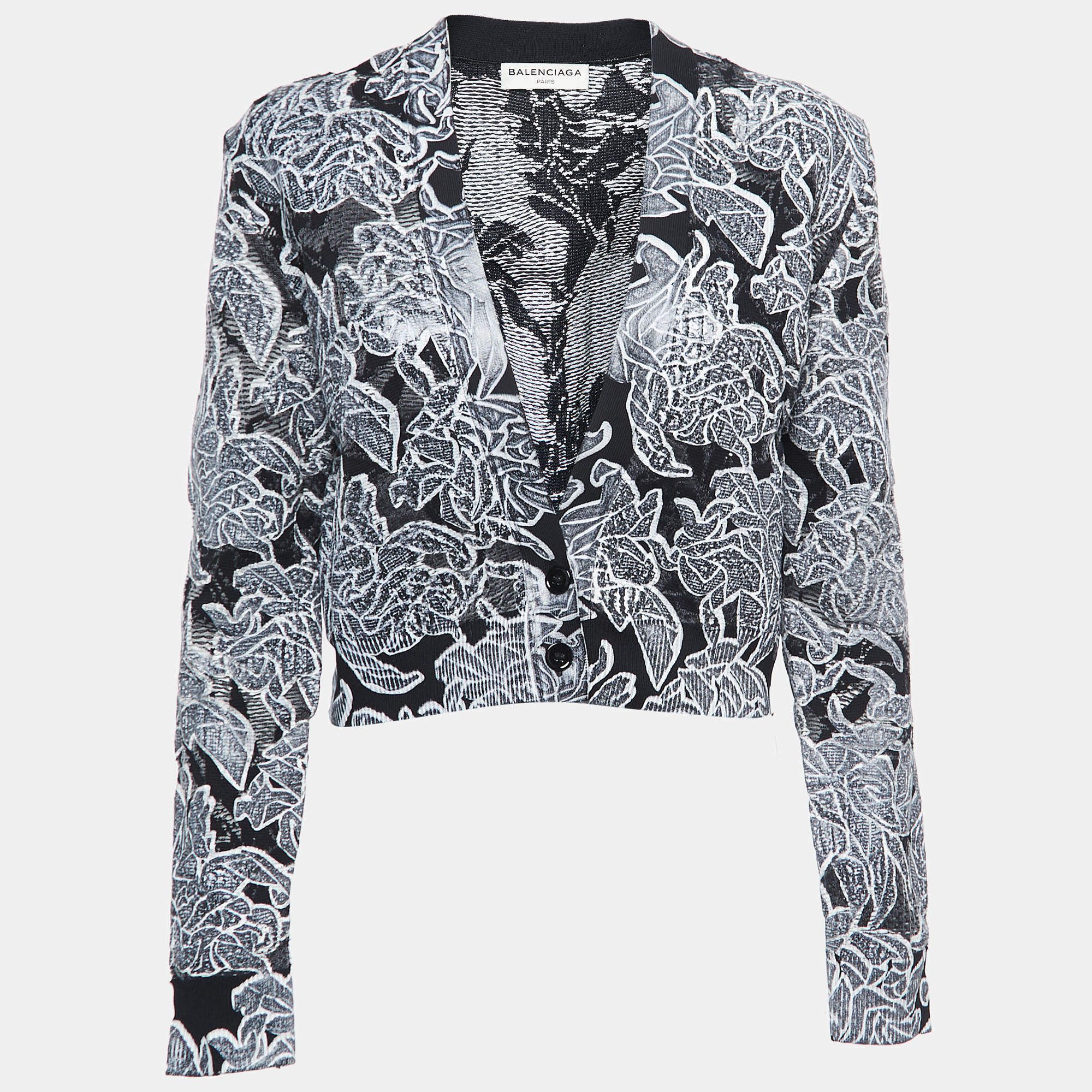 Pre Owned Balenciaga Black Floral Painted Knit Buttoned Cardigan M