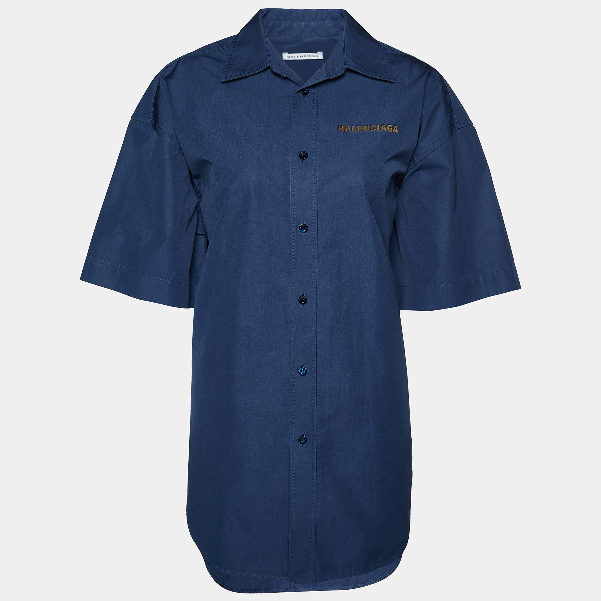 Pre Owned Balenciaga Navy Blue Logo Printed Cotton Short Sleeve Oversized Shirt XS