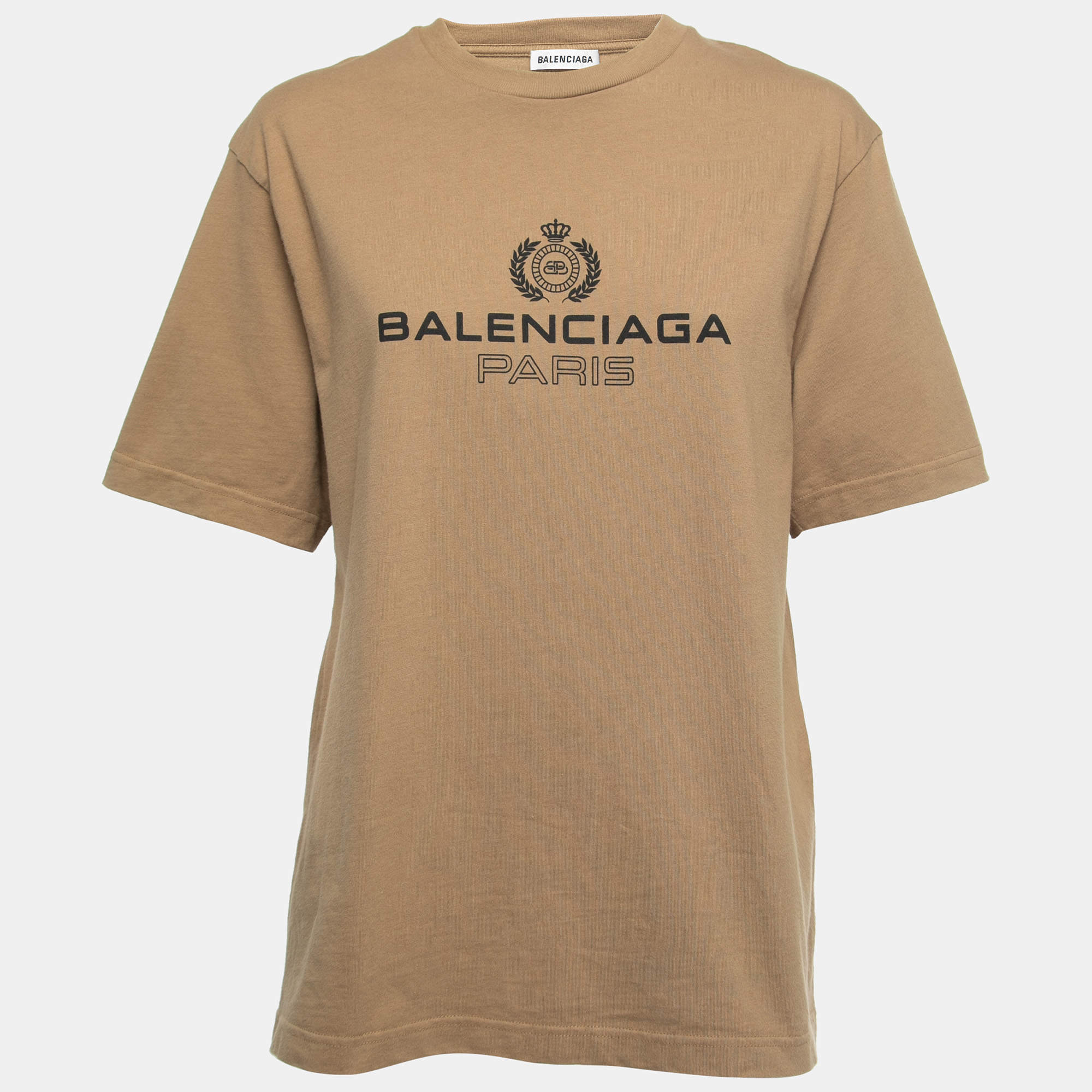 Pre Owned Balenciaga Camel Beige Logo Print Cotton Oversized T-Shirt S 