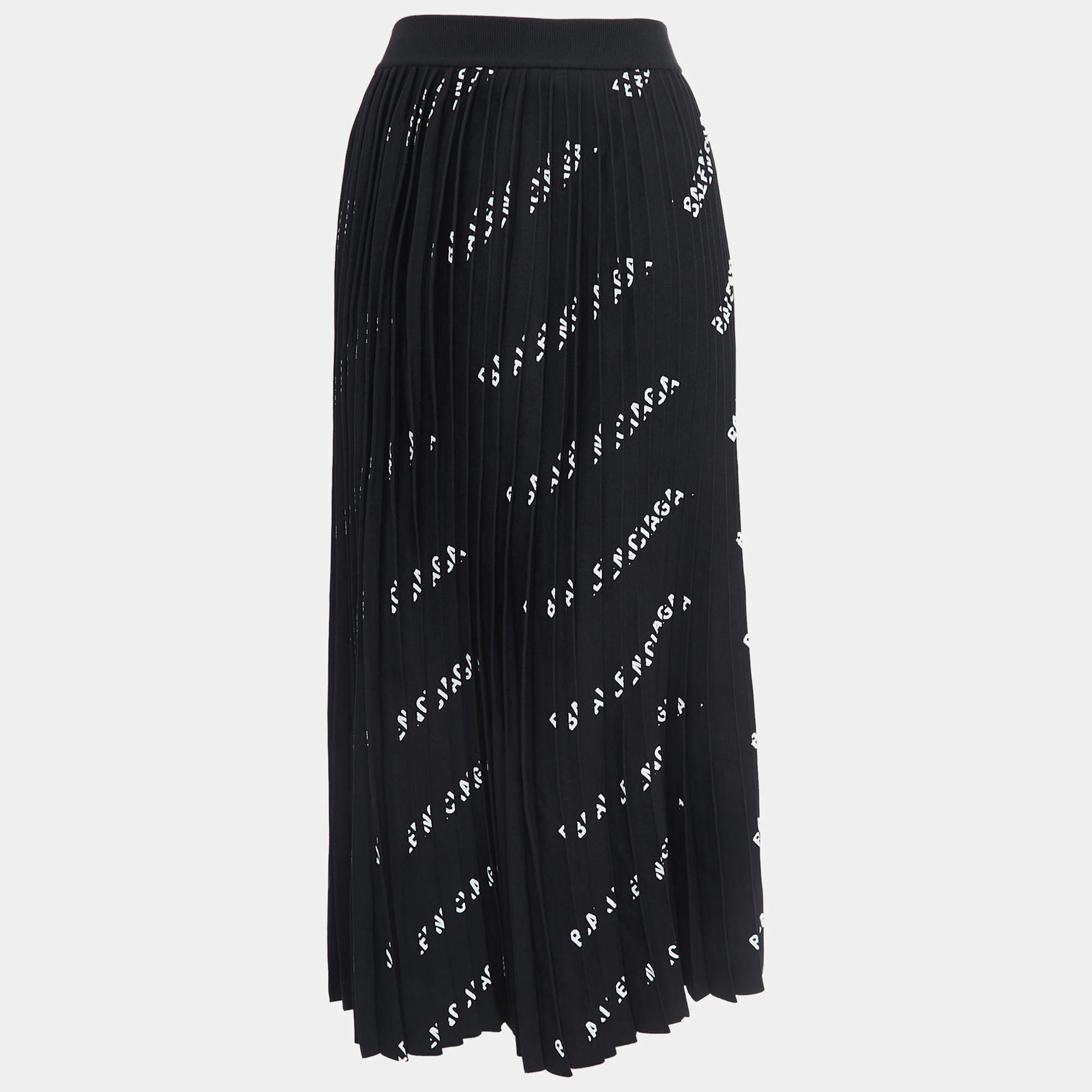 Balenciaga Black Logo Print Knit Pleated Midi Skirt S