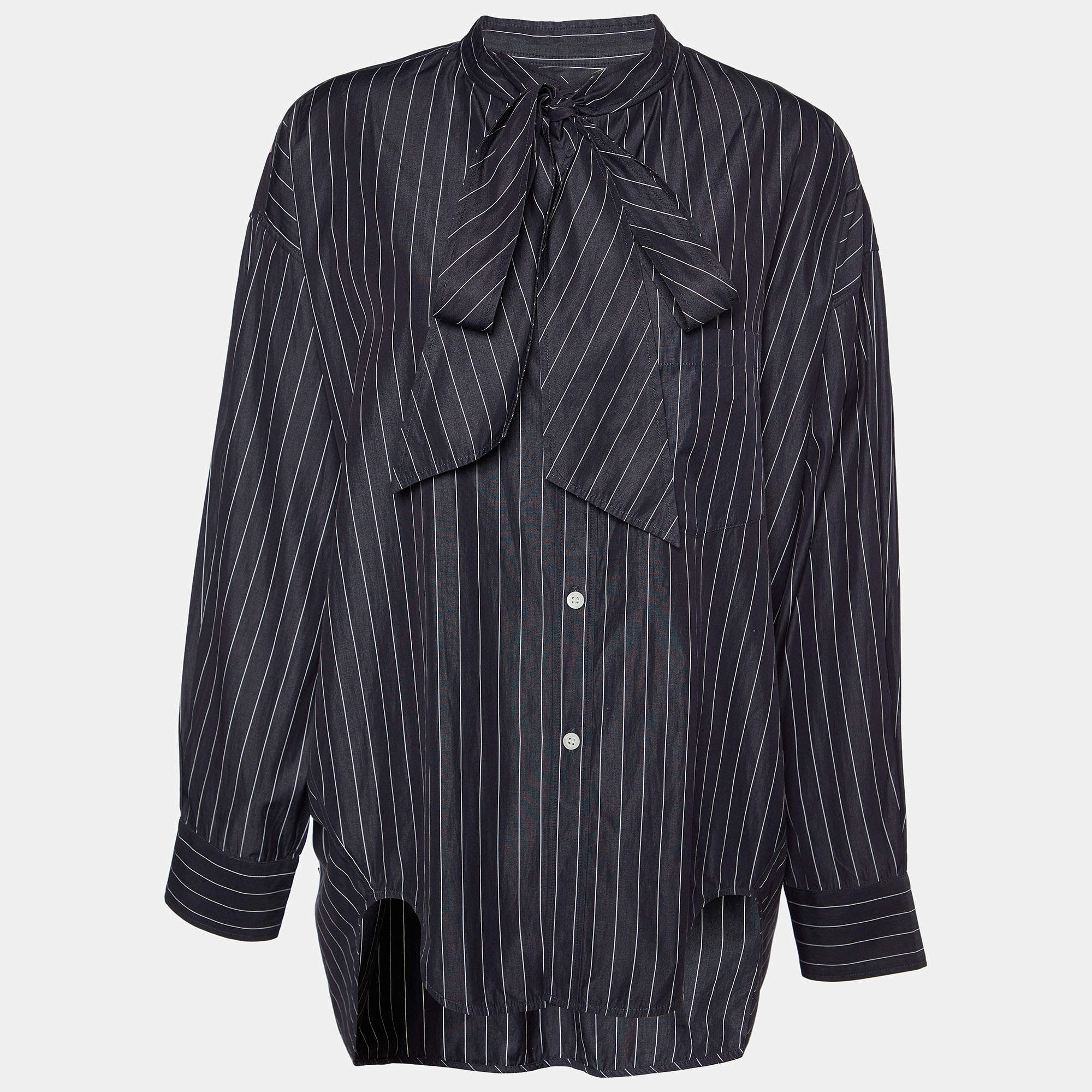 Pre Owned Balenciaga Black Striped Cotton Neck Tie Detail Oversized Shirt XS