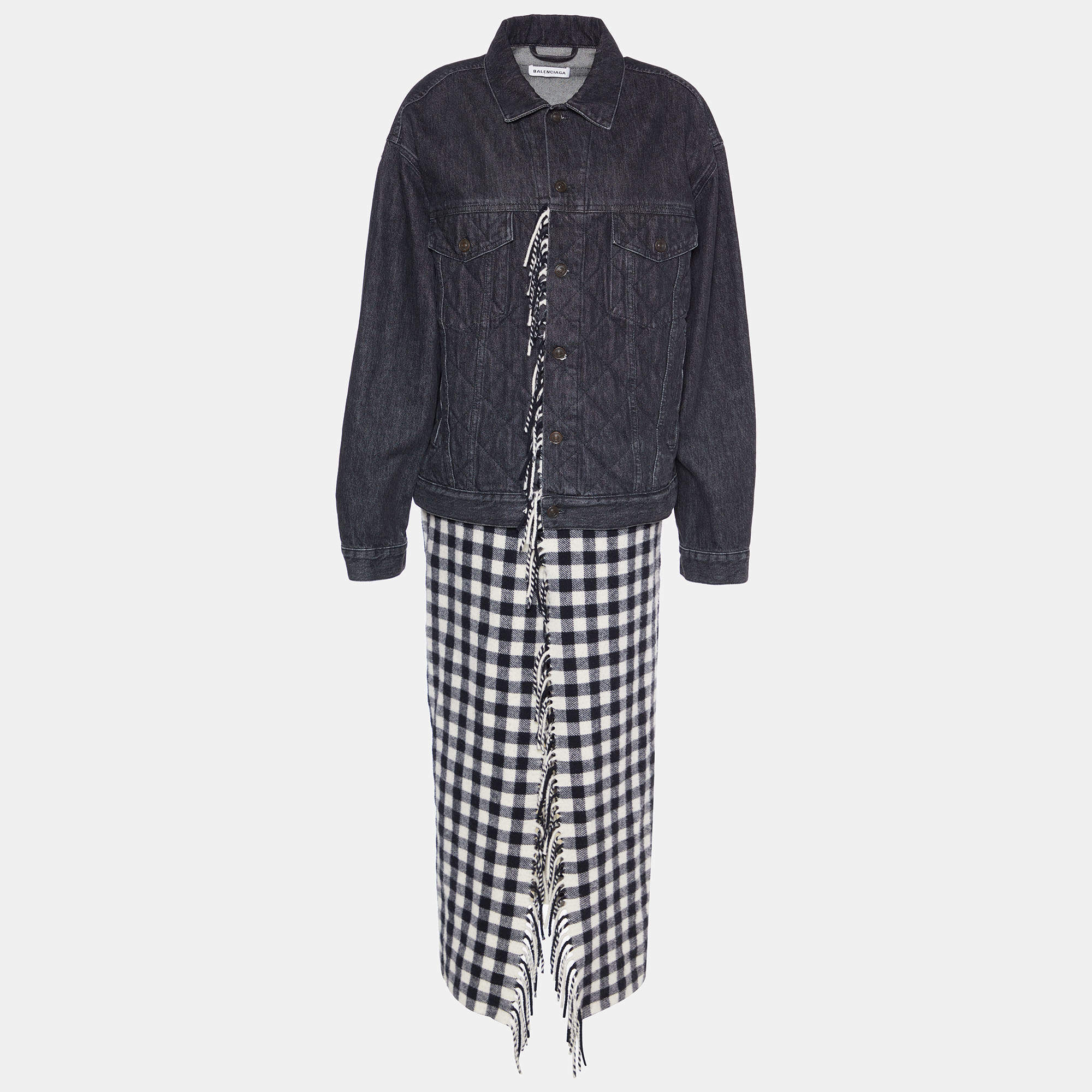 Balenciaga Black Denim & Checkered Wool Button Front Long Coat S