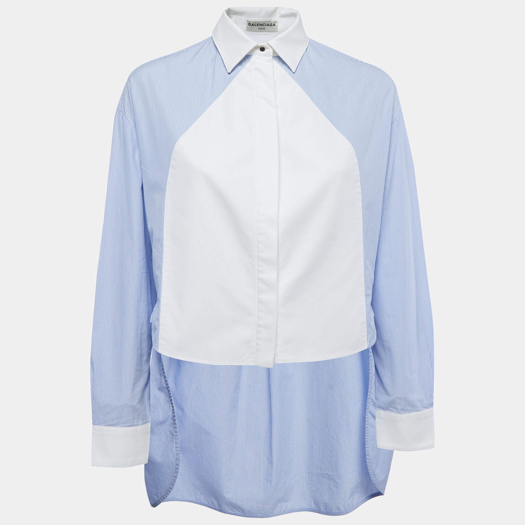 مملوكة مسبقًا Balenciaga Blue/White Striped Cotton Paneled Shirt M