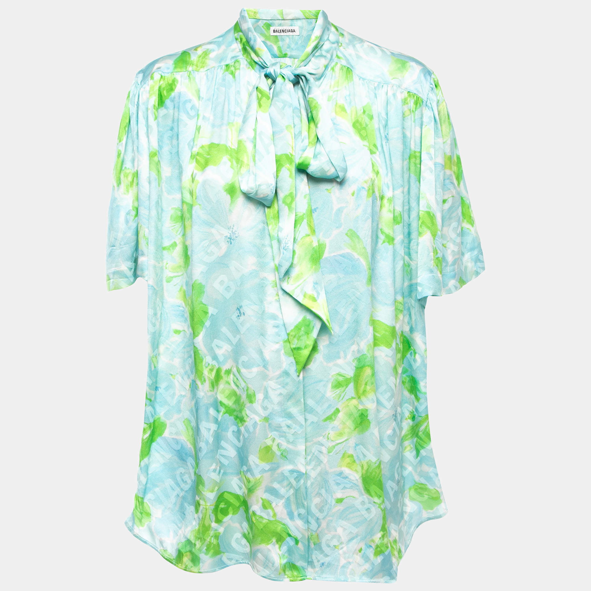 Balenciaga Blue All-Over Print Silk Button Front Neck Tie Detailed Blouse M
