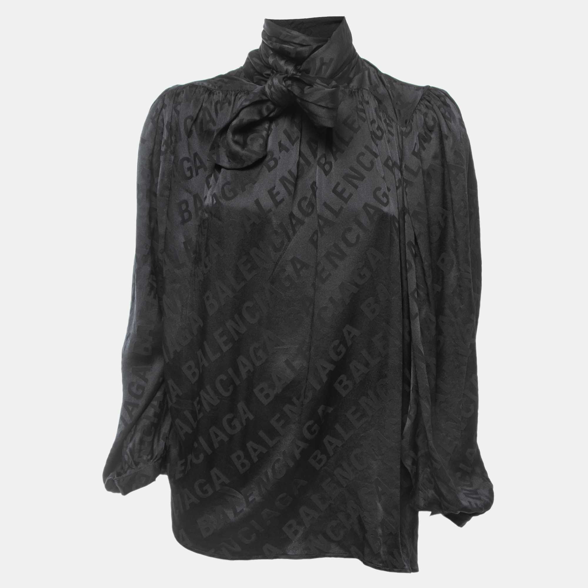 Pre Owned Balenciaga Black Logo Patterned Silk Button Front Neck Tie Detail Oversized Blouse M