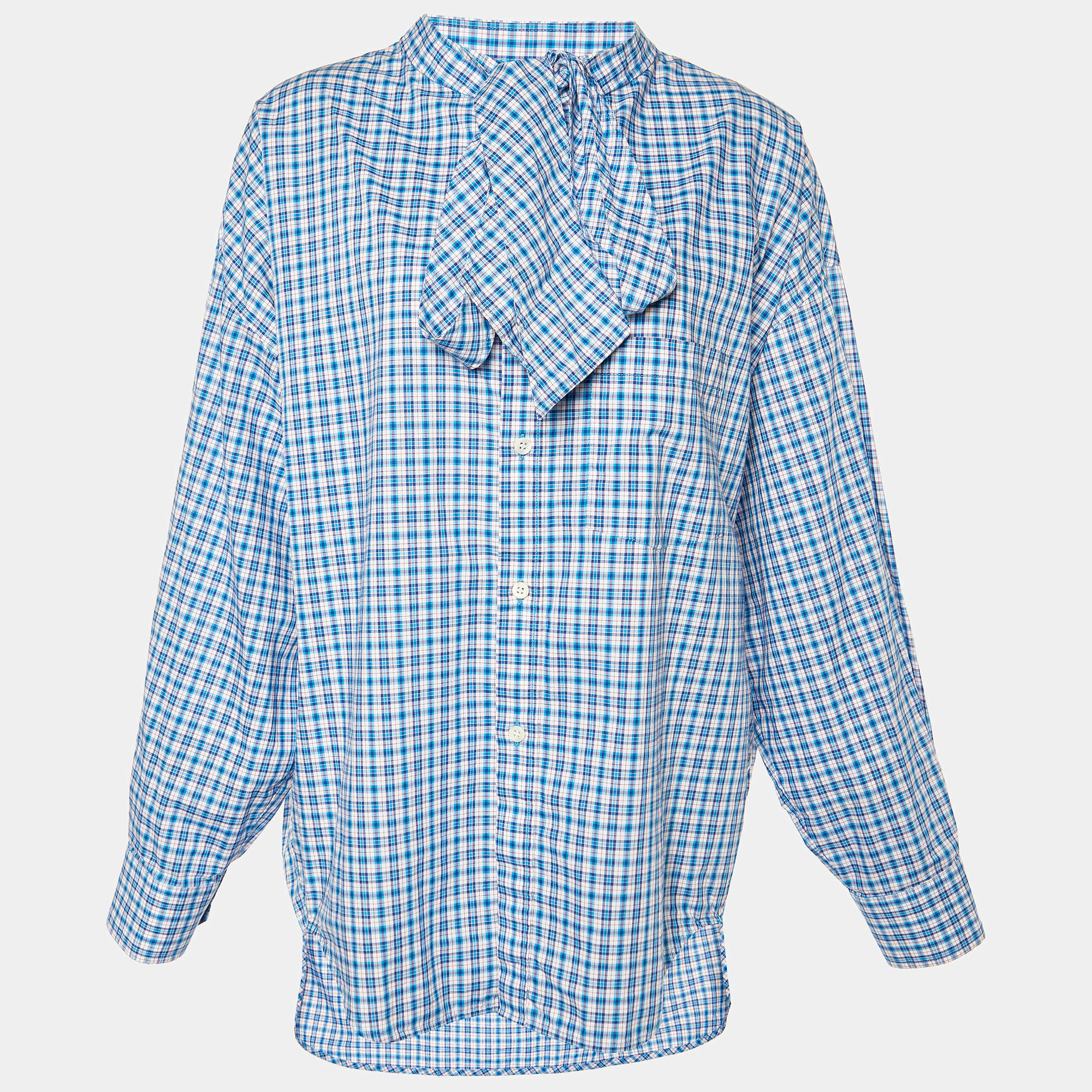 Pre Owned Balenciaga Blue Plaid Cotton Neck Tie Detail Oversized Shirt M