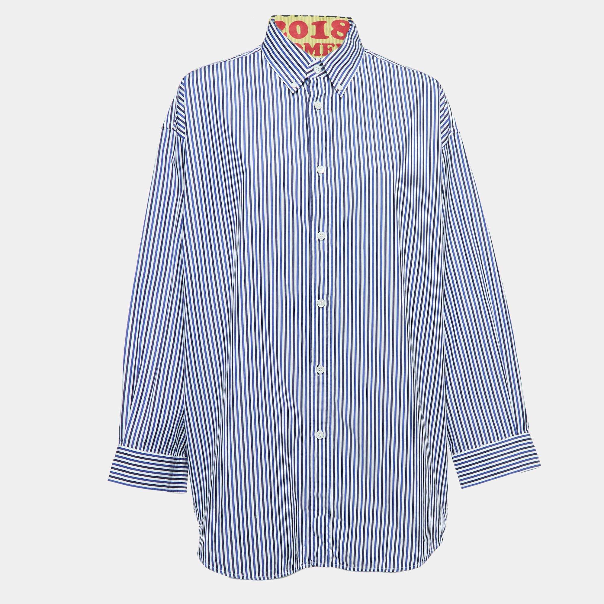 Pre Owned Balenciaga Blue Striped Cotton Oversized Spring Tag Shirt M