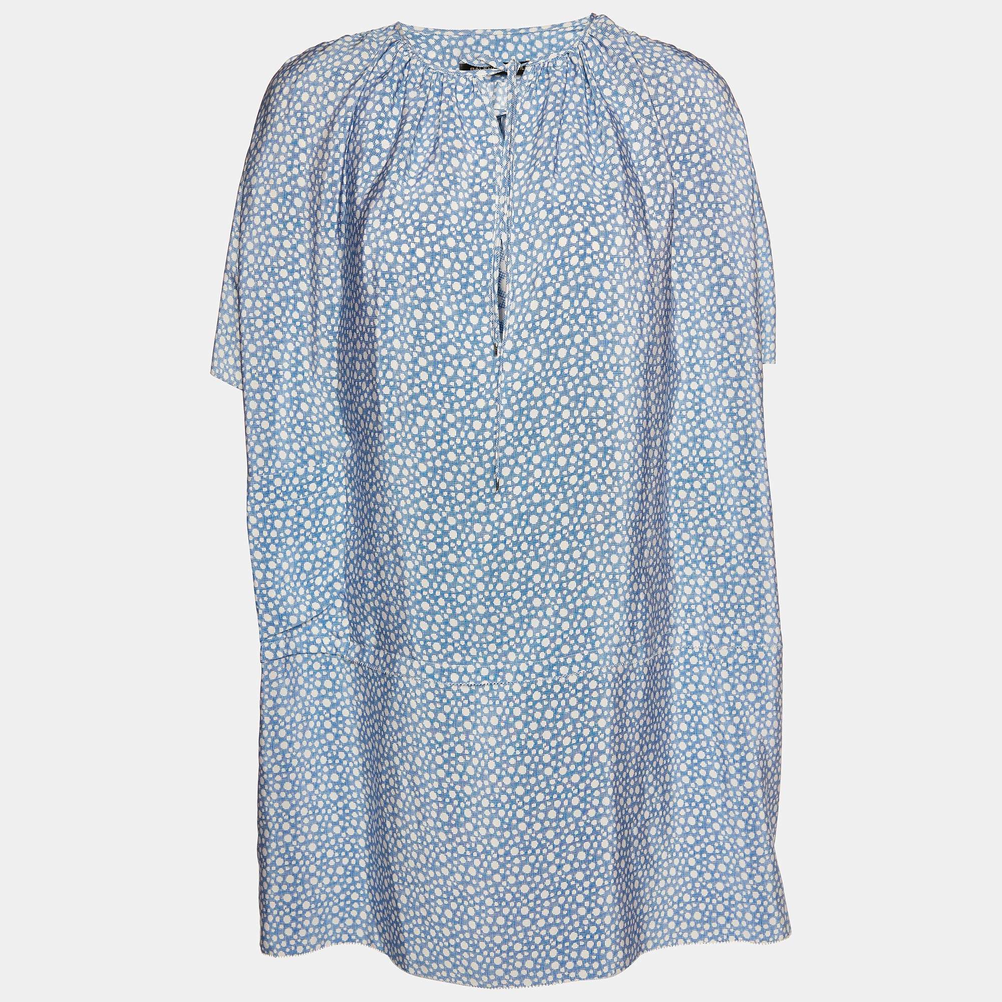 Pre Owned Balenciaga Blue Printed Silk Oversized Mini Dress S