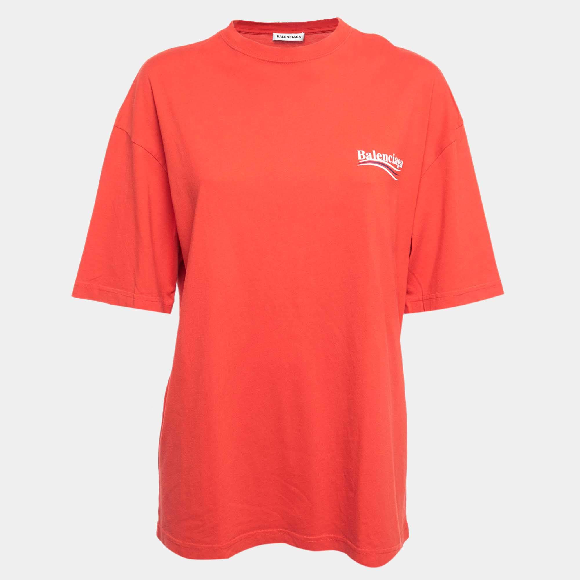 Balenciaga Red Logo Print Cotton Oversized T-Shirt S
