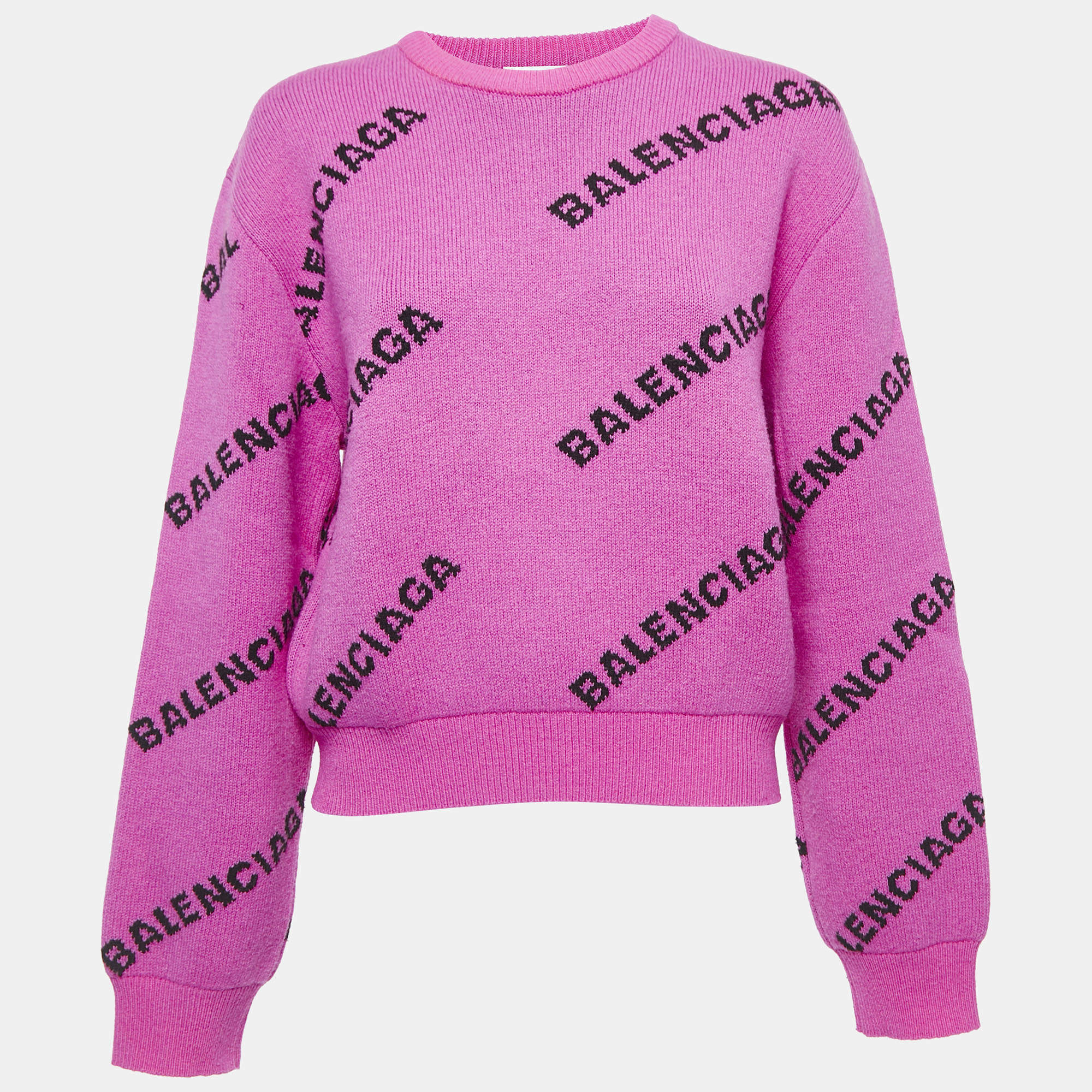 مملوكة مسبقًا Balenciaga Pink All-Over Logo Wool Jumper S
