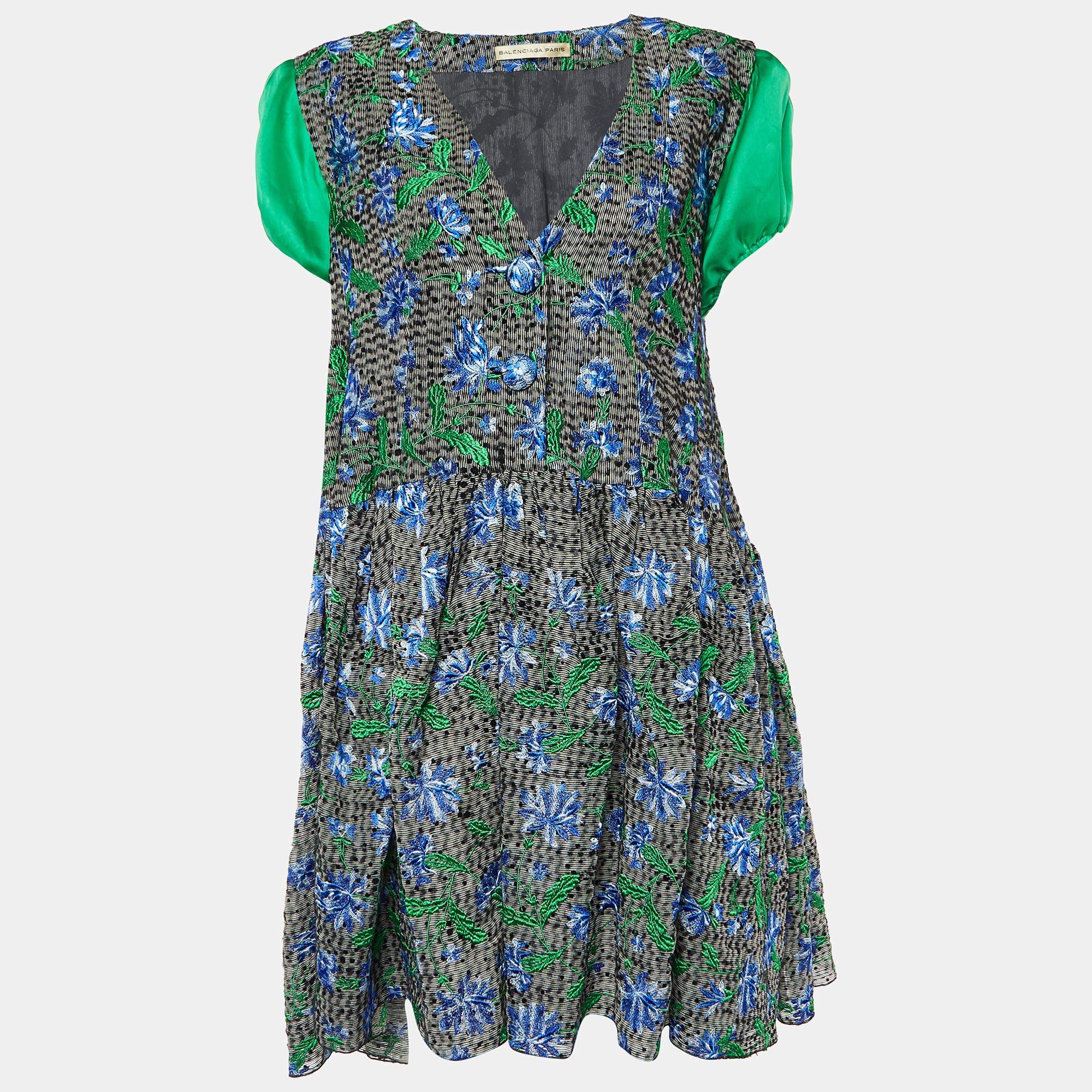 Pre Owned Balenciaga Multicolor Printed Embroidered Cotton & Silk Mini Dress M