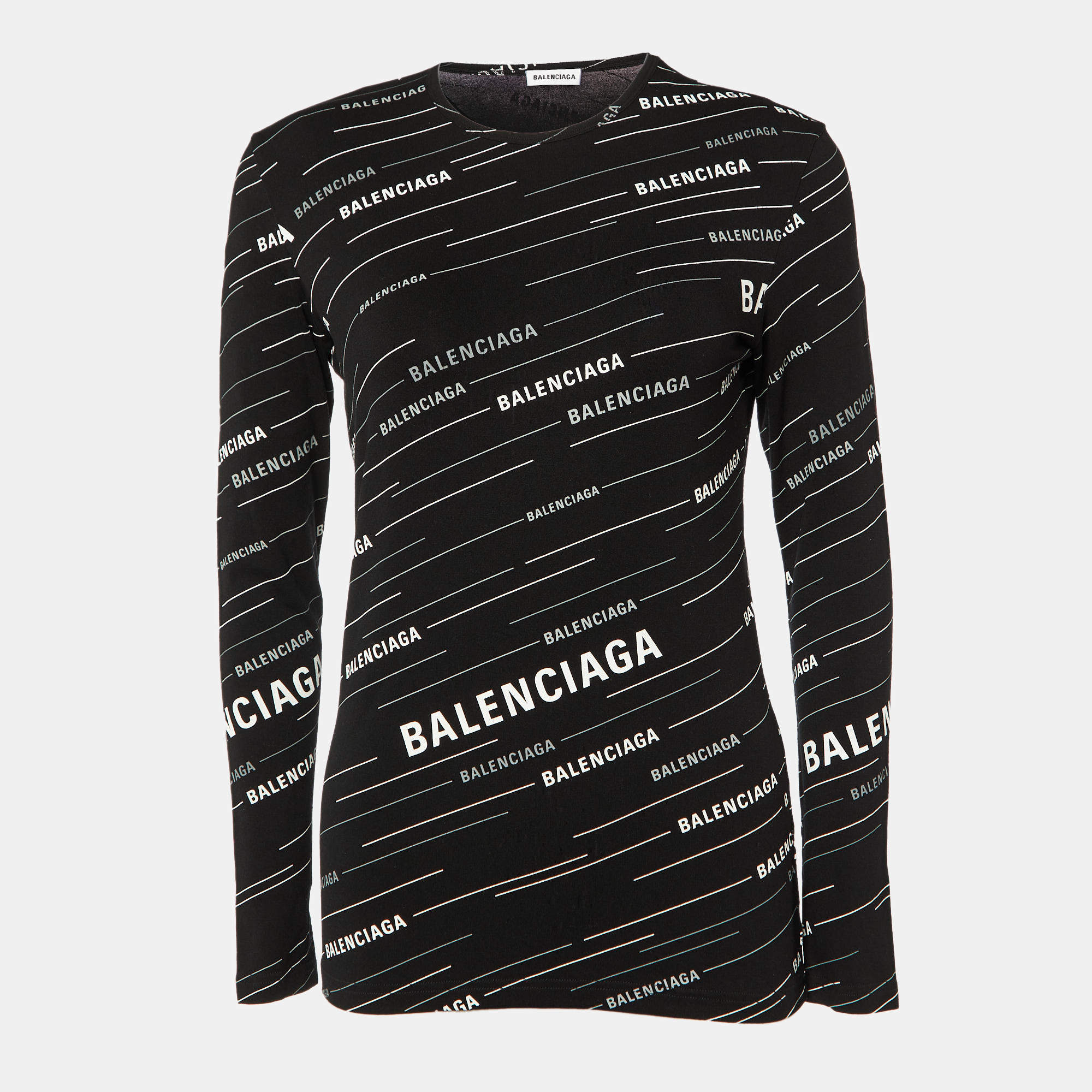 Pre Owned Balenciaga Black All Over Logo Print Knit Long Sleeve T-Shirt L