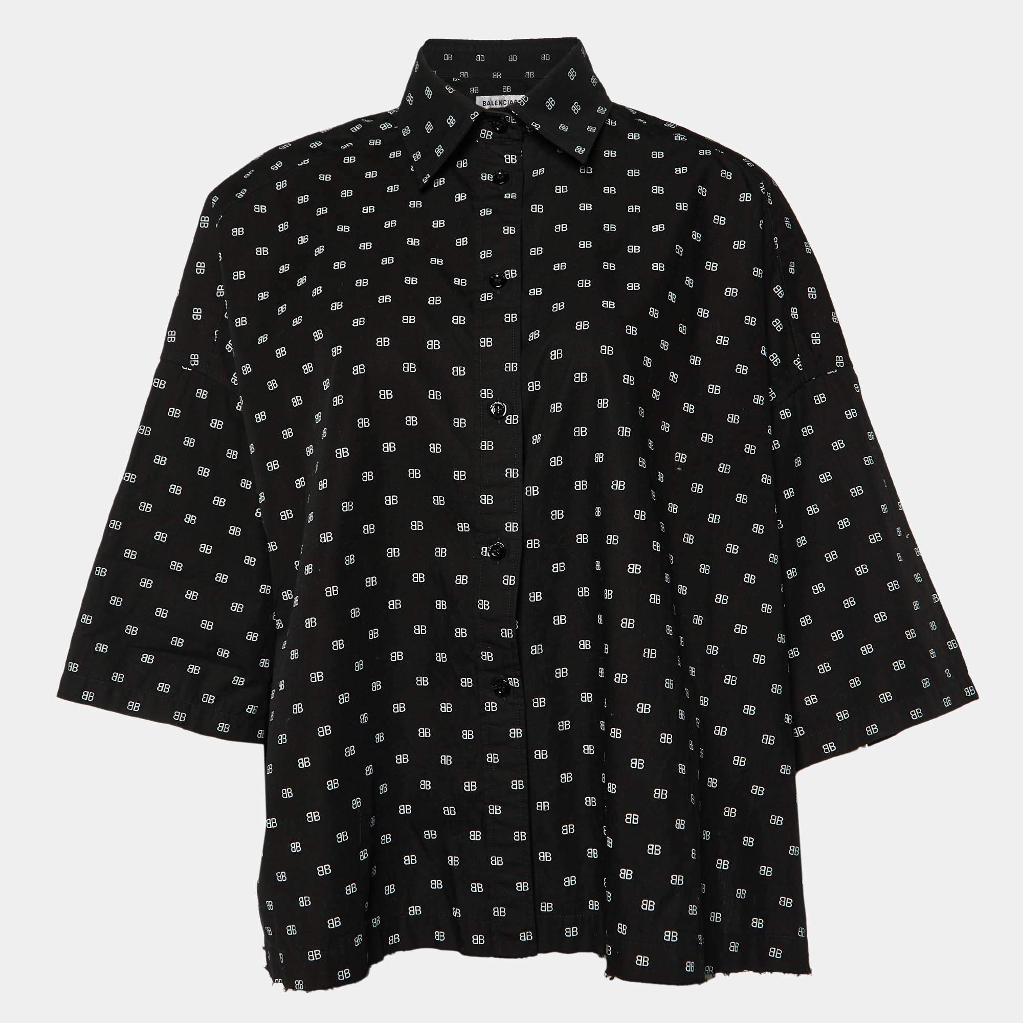 Pre Owned Balenciaga Black Logo Printed Cotton Oversized Shirt S