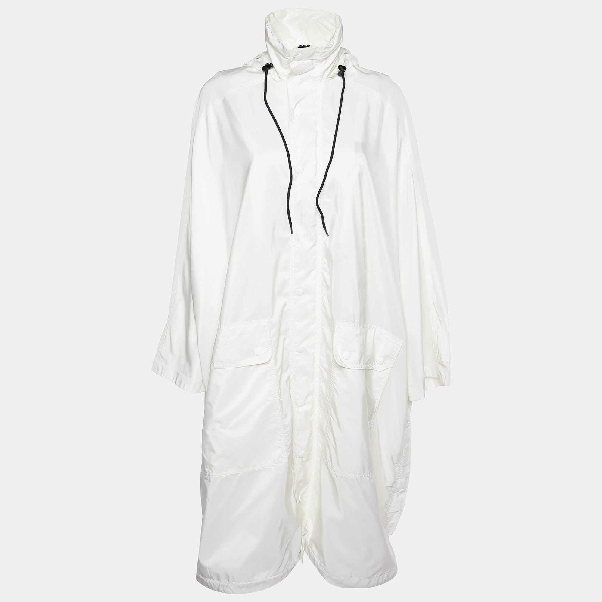 Balenciaga White Logo Printed Synthetic Hooded Detail Parka Coat S