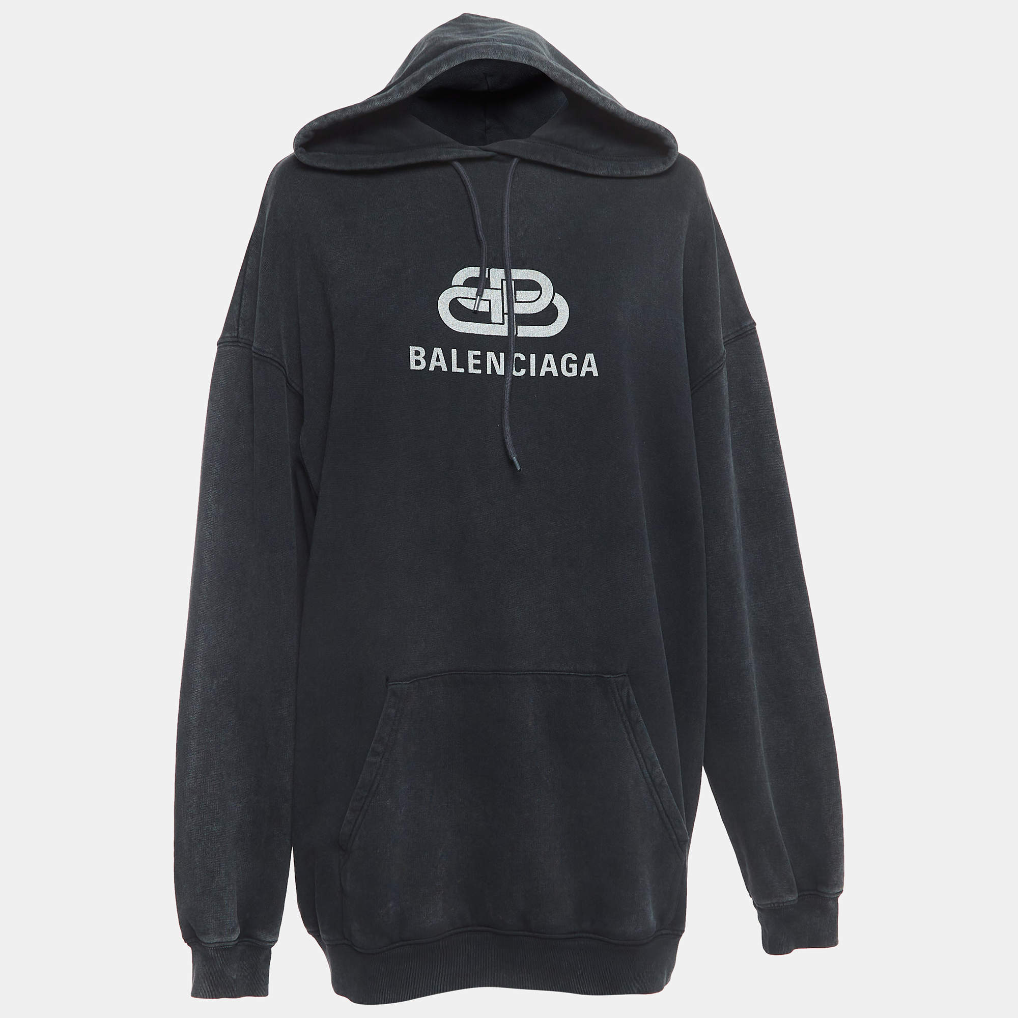 Balenciaga Grey Washed Cotton Logo Print Hoodie XS