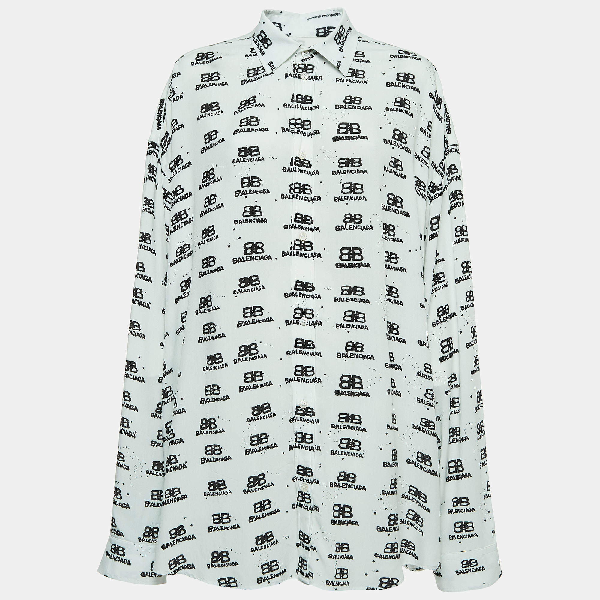 Pre Owned Balenciaga White Logo Printed Viscose Oversized Shirt M