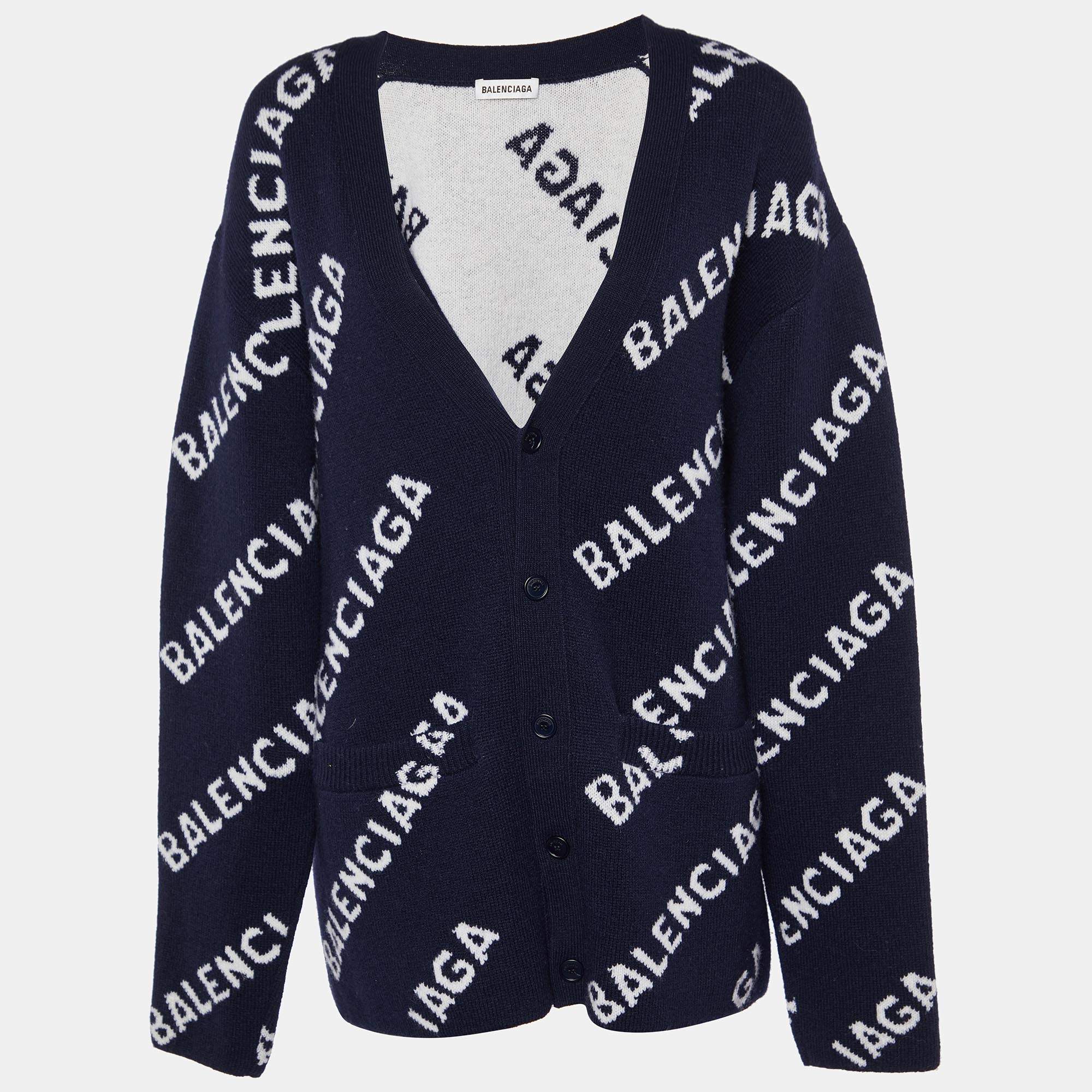 Balenciaga Navy Blue Logo Patterned Wool Buttoned Cardigan XS