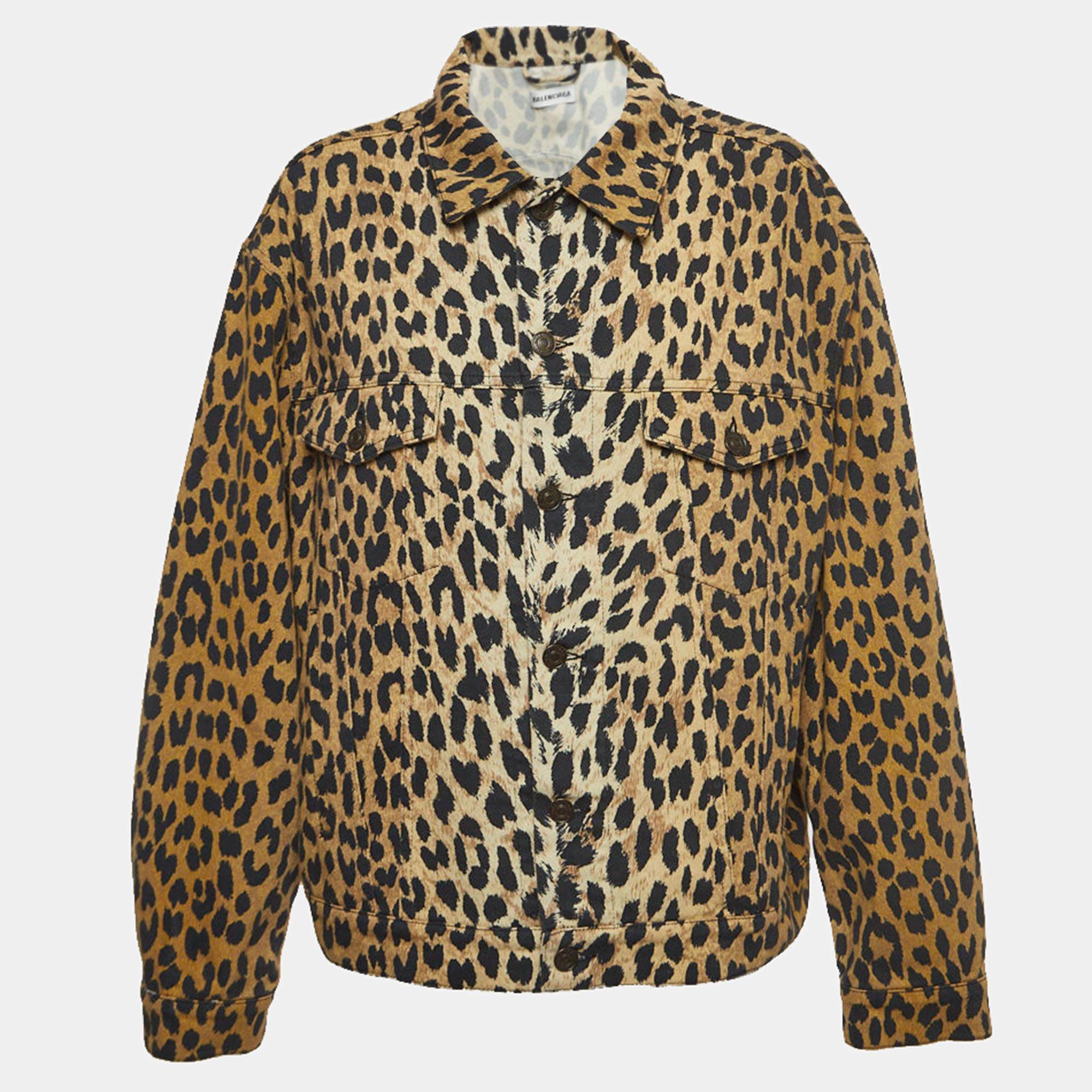مملوكة مسبقًا Balenciaga Brown Leopard Print Denim Oversized Jacket S