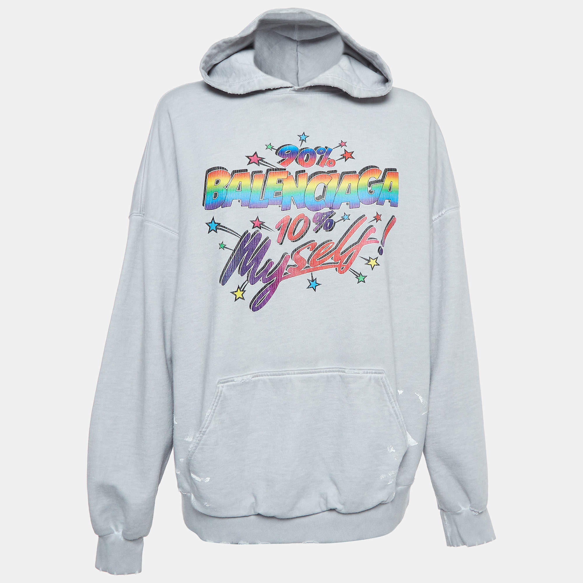 Pre Owned Balenciaga Grey Distressed Cotton Graphic Print Hoodie S