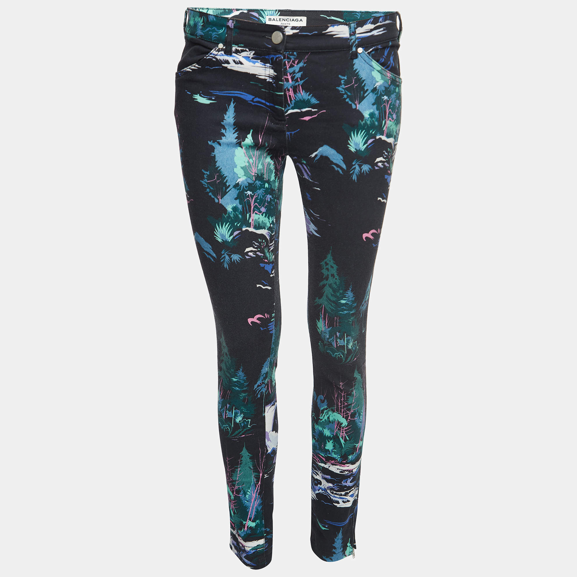 Pre Owned Balenciaga Black Tree Print Denim Skinny Jeans M Waist 30''