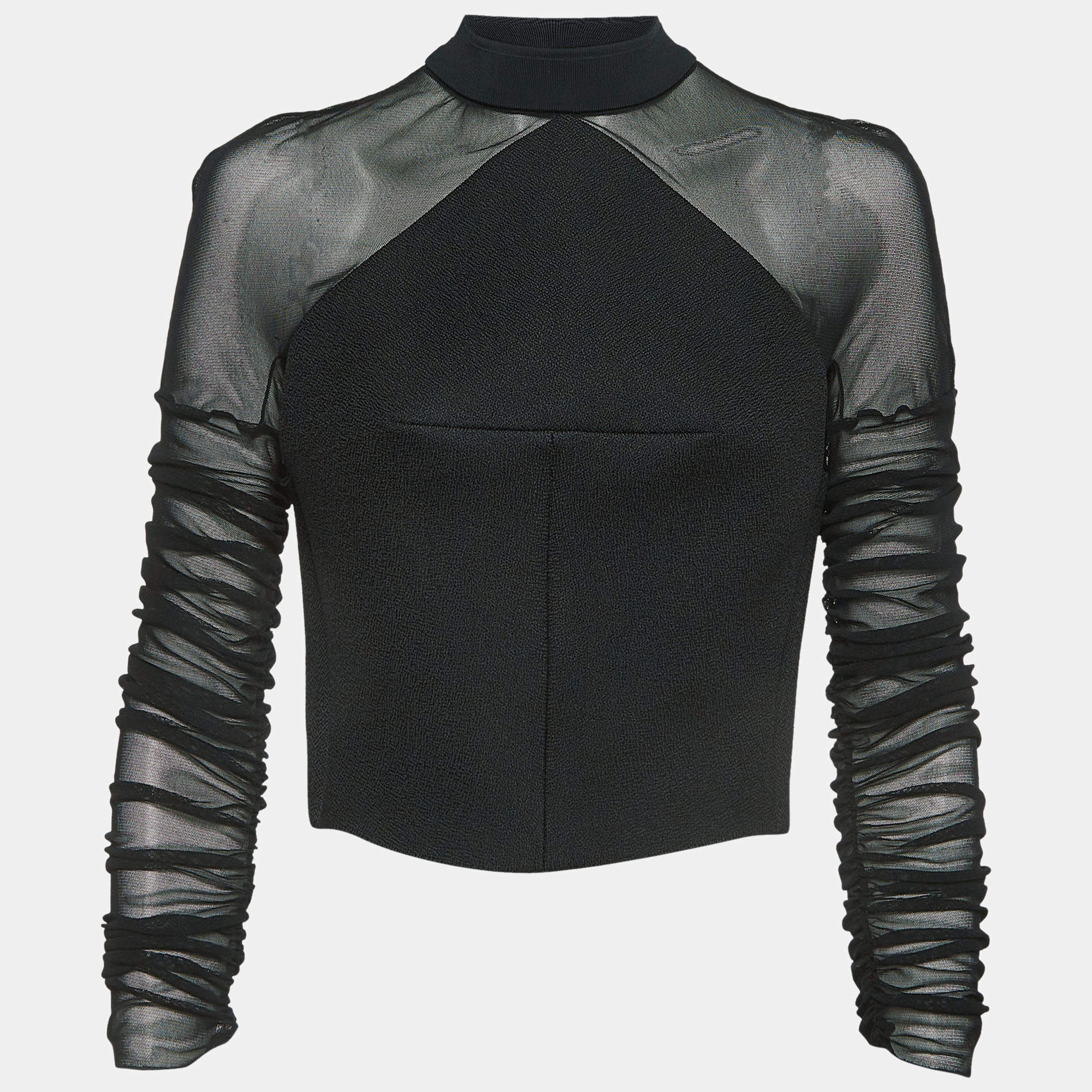 Pre Owned Balenciaga Black Synthetic and Mesh Ruched Sleeve Top M