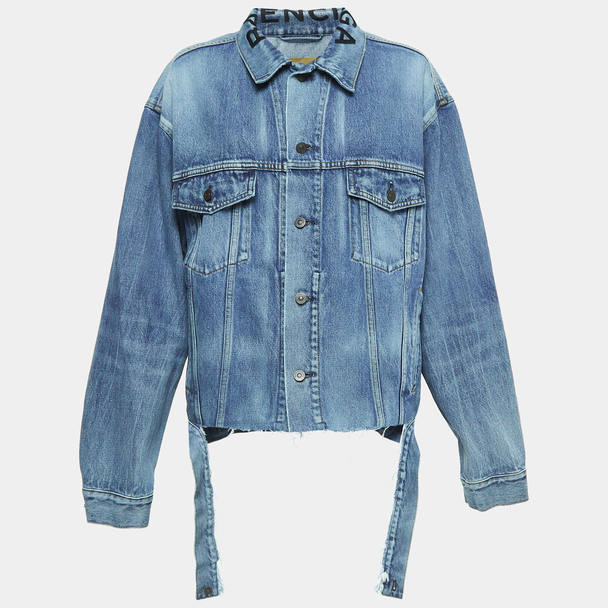Pre Owned Balenciaga Blue Logo Embroidery Destroyed Denim Oversized Jacket L