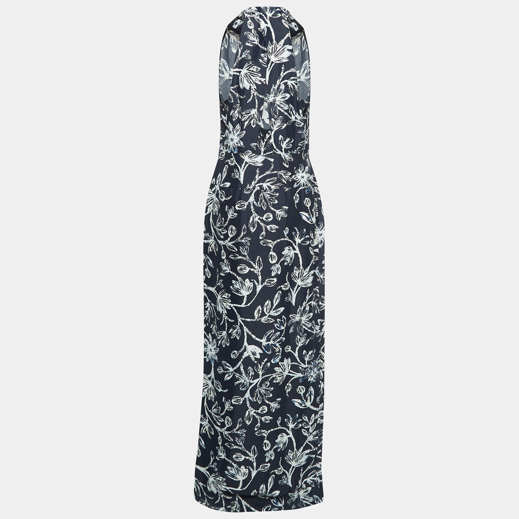 Pre Owned Balenciaga Navy Blue Floral Print Crepe Halter Neck Maxi Dress L